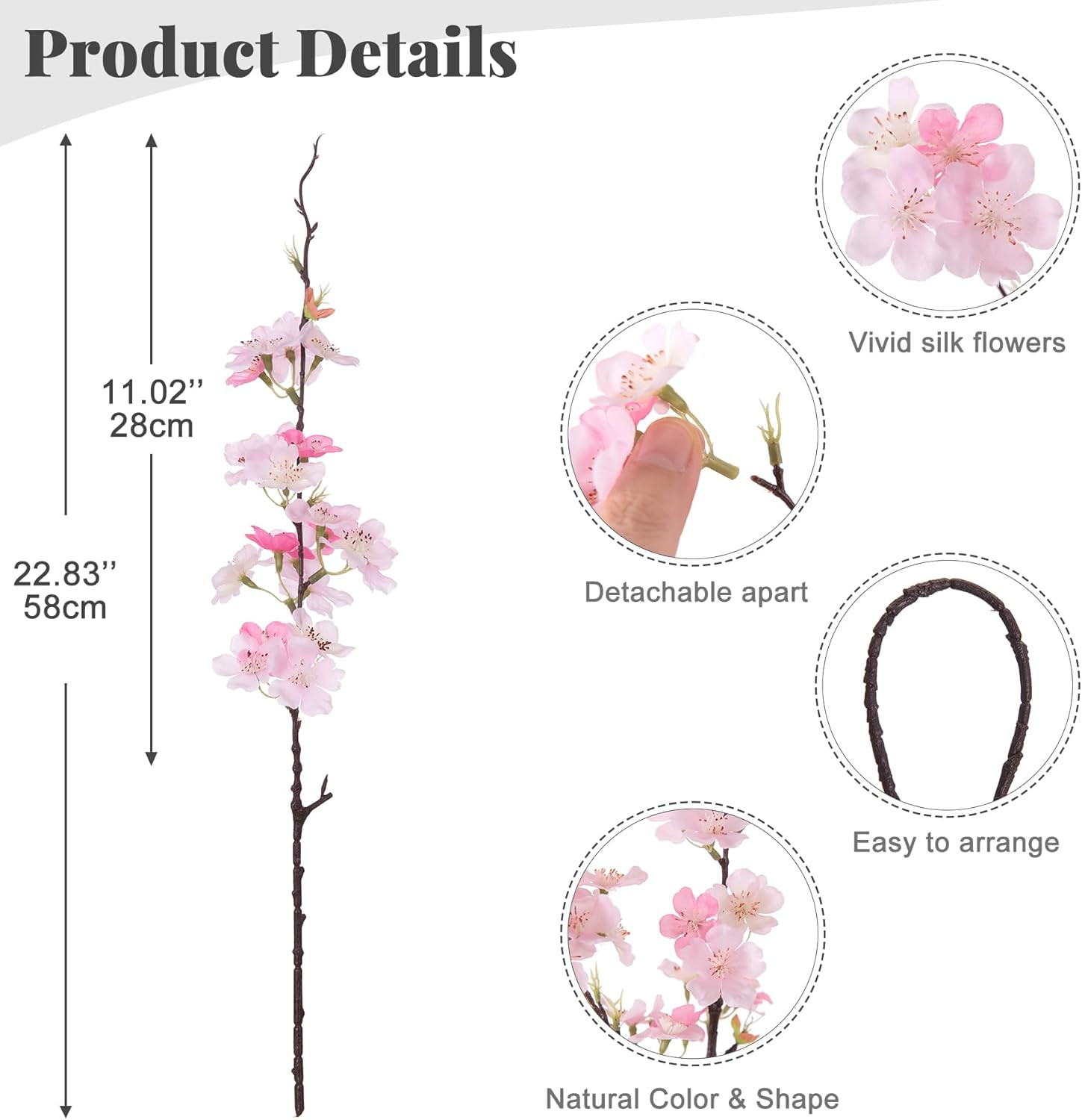 12 PCS Faux Cherry Blossom Branches Decor 18.11 Inch Fake Artificial Cherry Flow