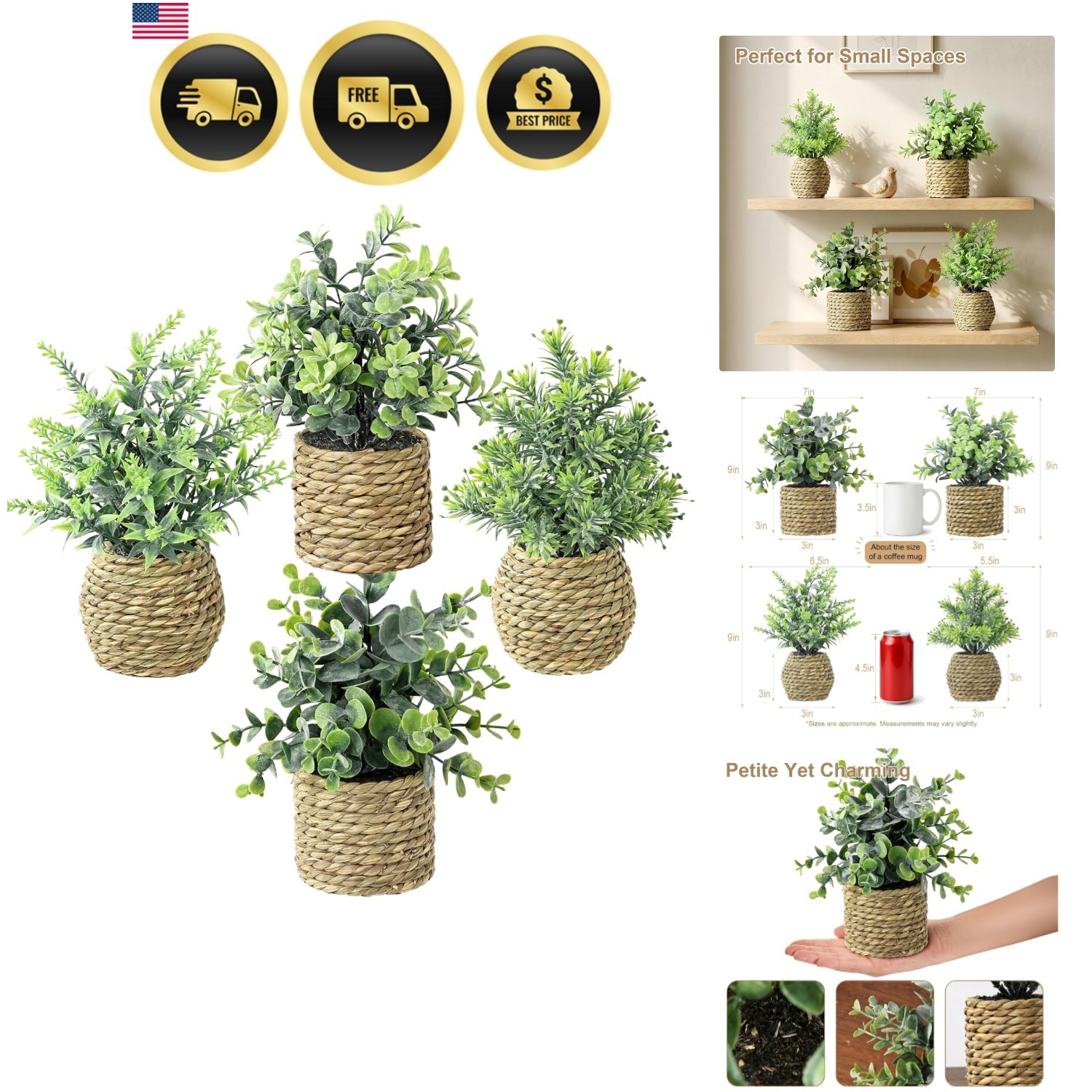 Small Fake Plants, 4 Pack Artificial Plants in Handwoven Seagrass Baskets | N…