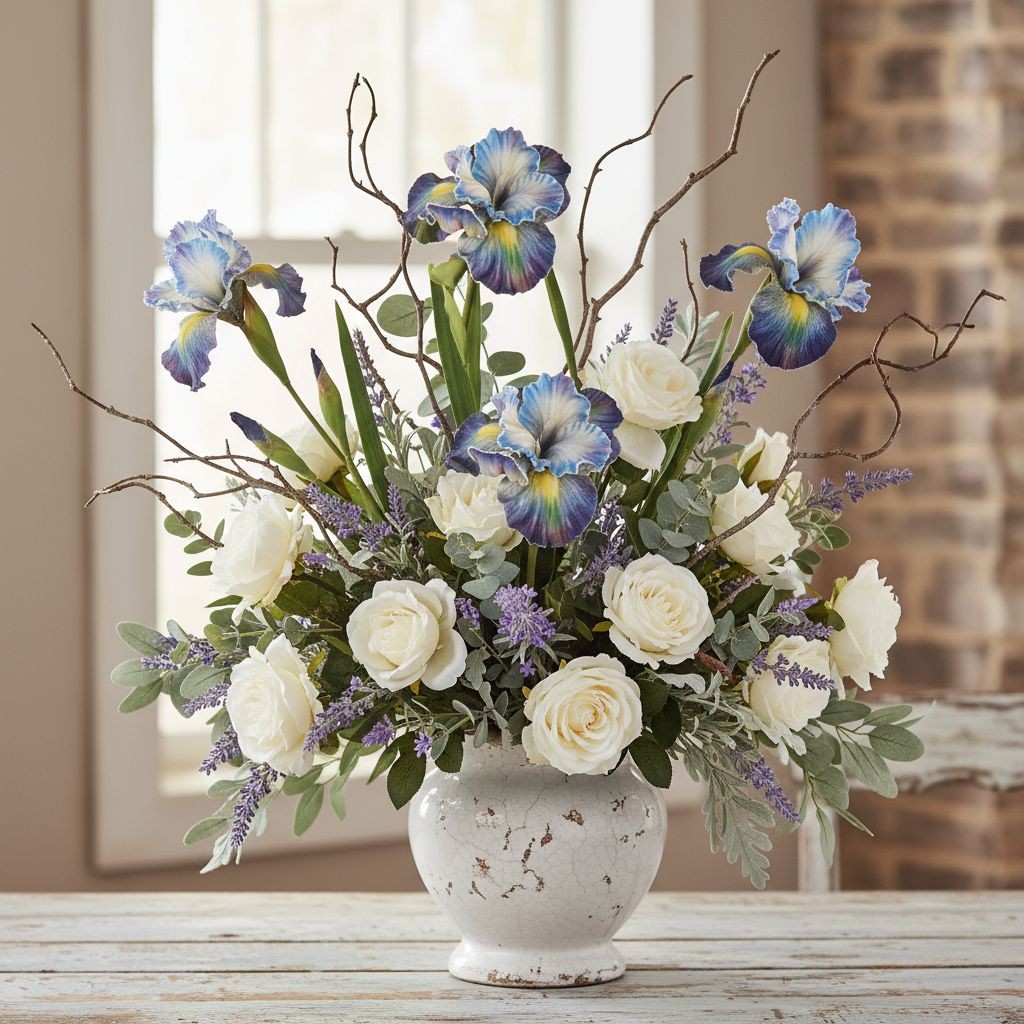 Artificial Iris Flower 33 Inch Tall Blue Faux Iris Stem Hand Painted Look Floral