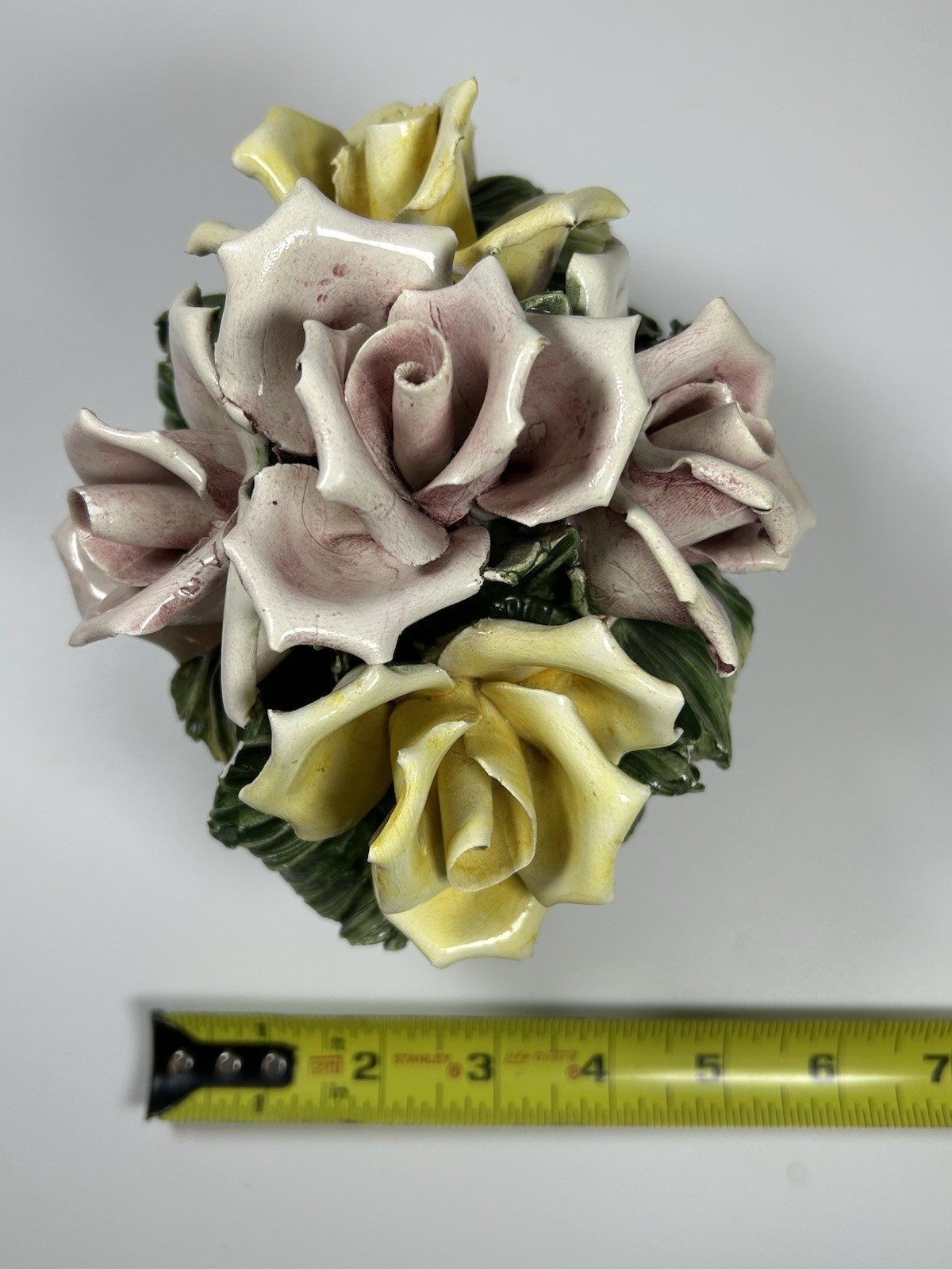 Porcelain Flower Centerpiece Capodimonte Italy Pink Yellow Roses 6.5” Long