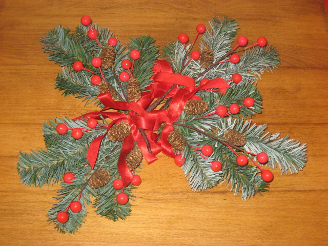4 SPRINGS OF PINE, RED BERRIES, CONES & RED SATIN RIBBON