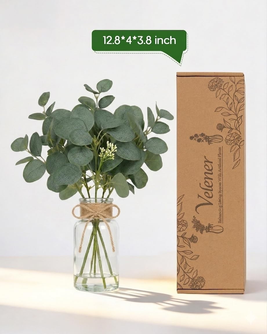Velener Faux Eucalyptus Stems in Vase with Faux Water, Fake Plants Indoor Art…