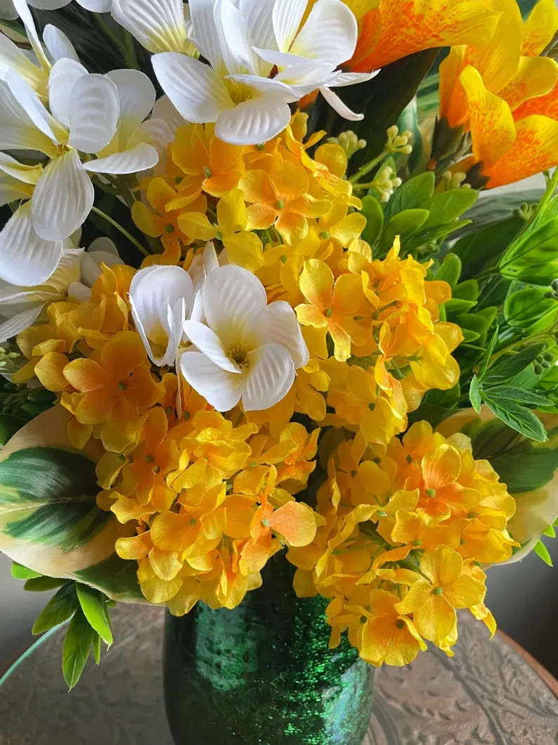 Tropical Floral Arrangement: Yellow & Green Beach House Decor, Table Centerpiece