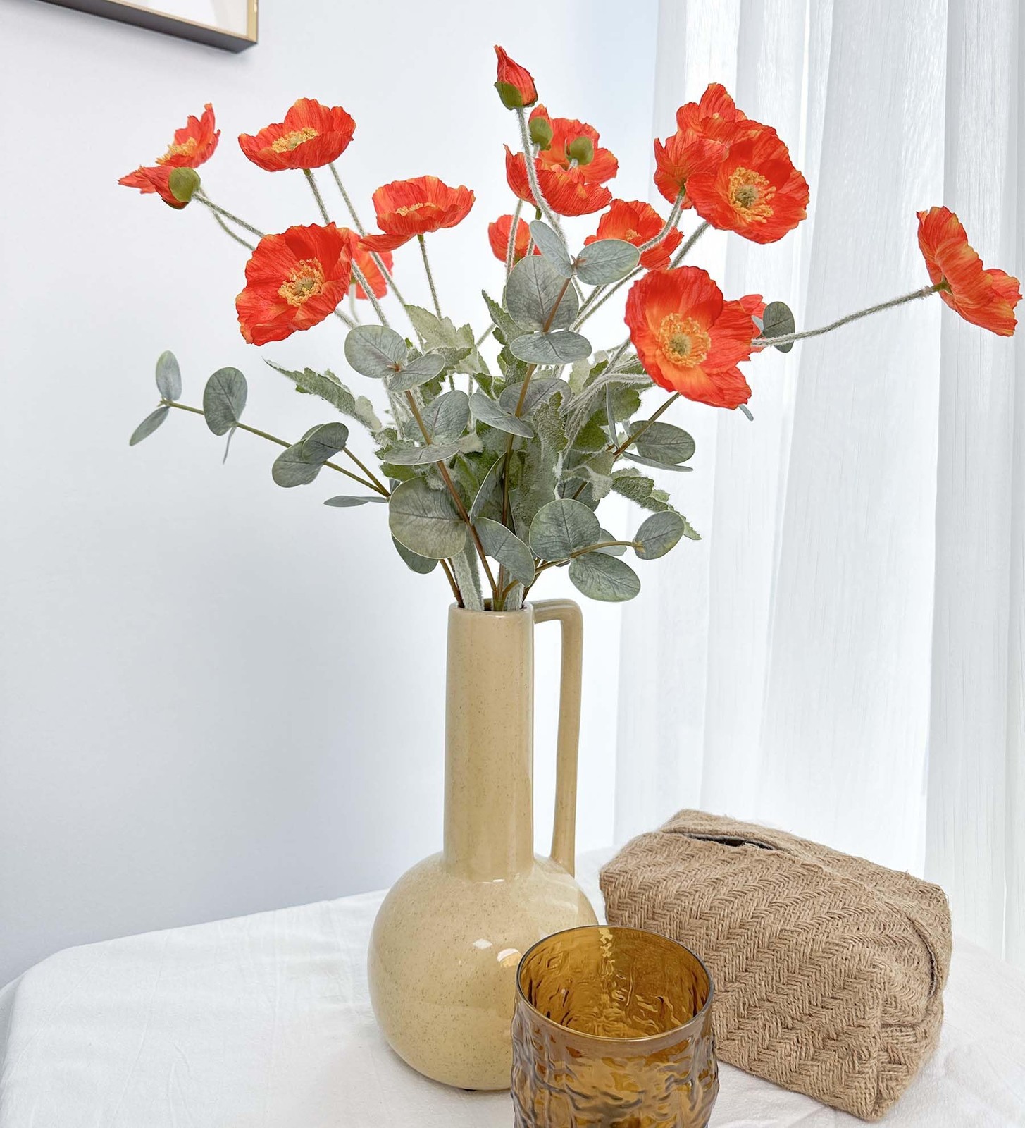 Artificial Poppy Flowers and Eucalyptus Stems for vase, Fake Blush Pink Silk …