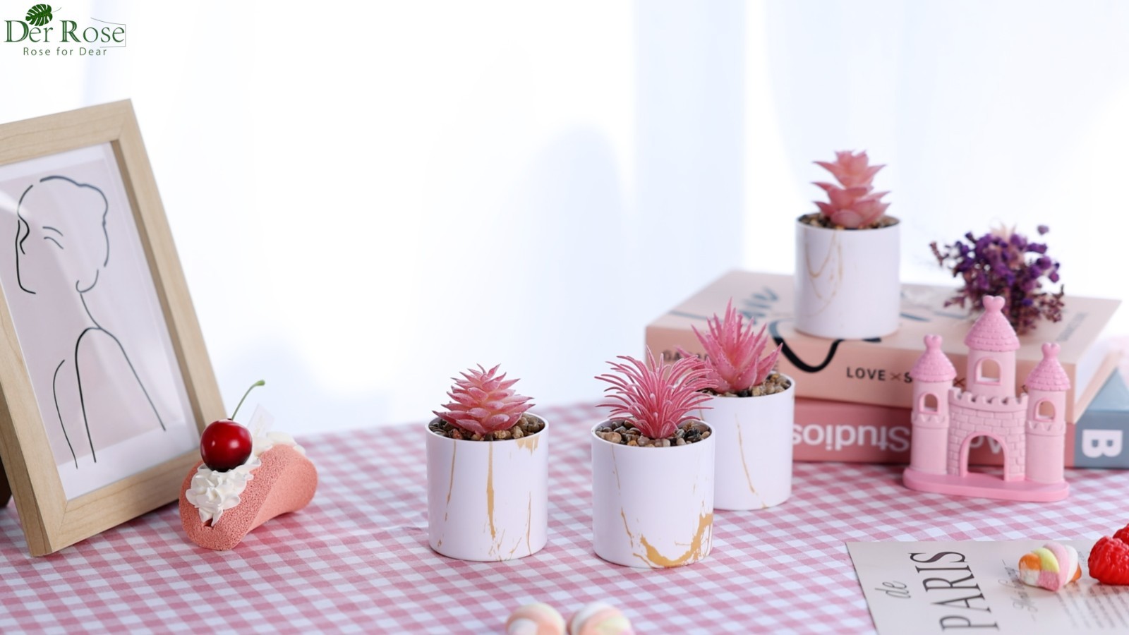 Set of 4 Artificial Succulent Plants – Pink Desk Decor for Office & Home, Gifts