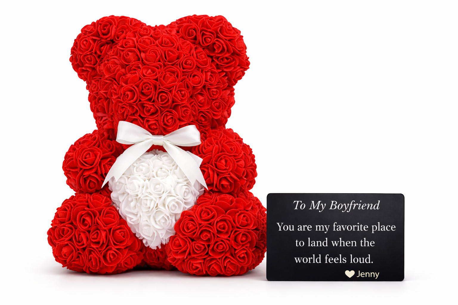 Rose Teddy Bear with Heart – Artificial Flower Bear Gift for Her, Romantic Valen