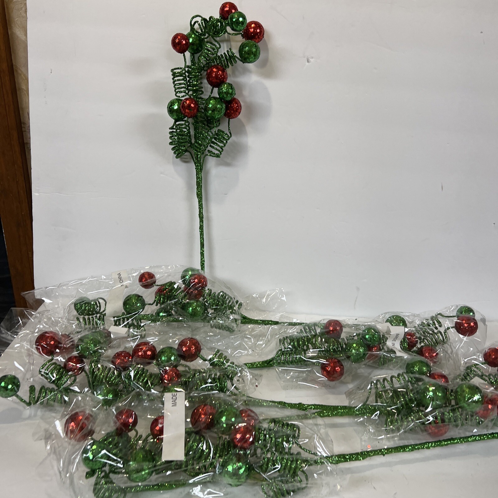 6 Rare 19” Curly Ribbon Ornament Red Green Berry Pick Branch Valerie Parr Hill