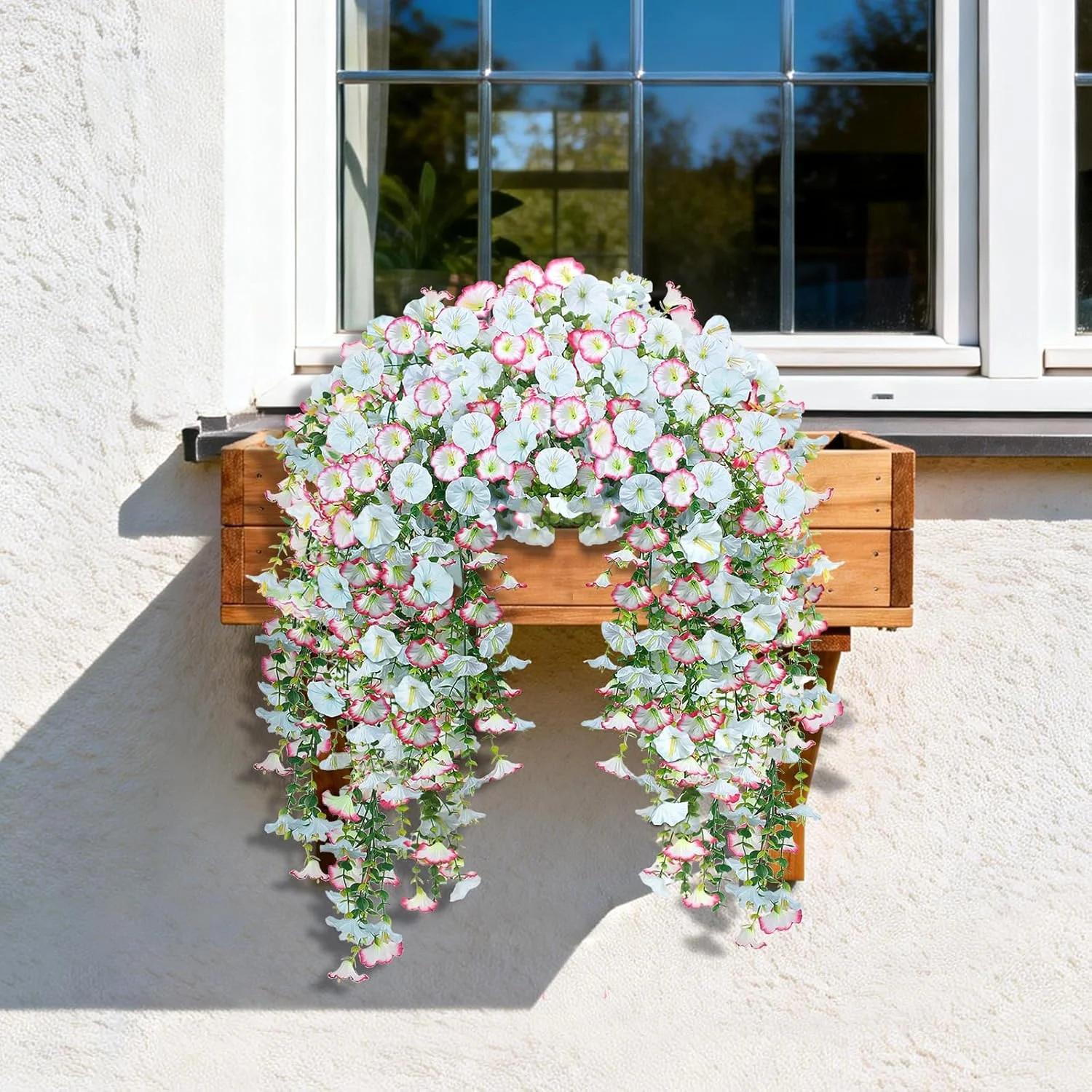 2PCS Artificial Hanging Flowers UV Resistant Morning Glory Faux Vines Blue