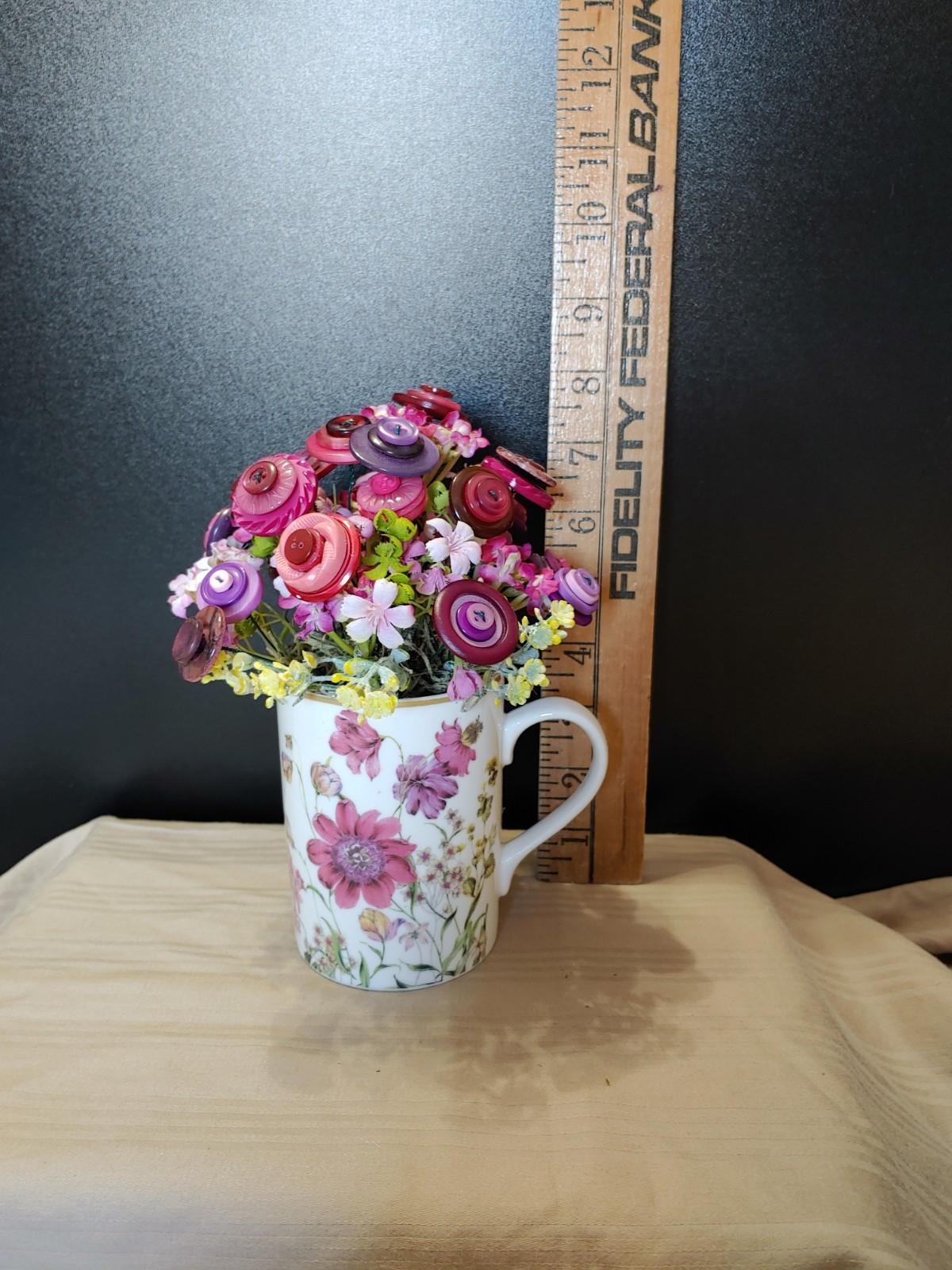 delicate floral mug with pink purple yellow BUTTON BOUQUET