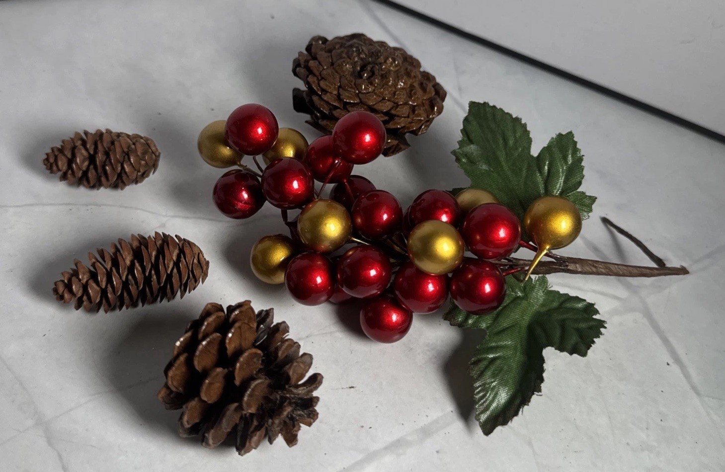 Red And Gold Holly Berry Stem and 4 Pine Cones Individual.