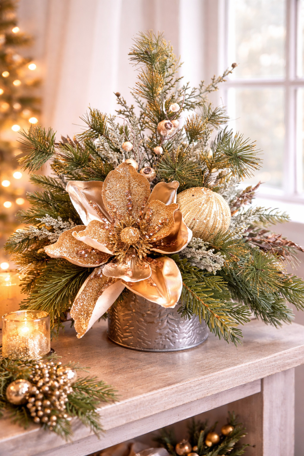 Gold magnolia Christmas floral arrangement, holiday floral arrangement
