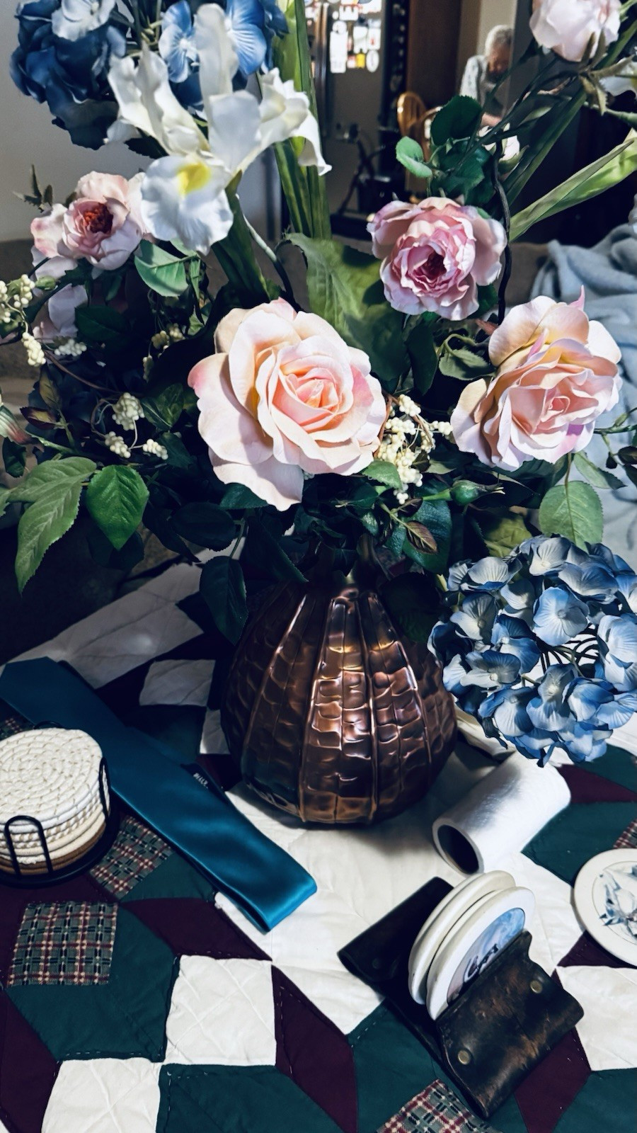 Multicolor Artificial Silk Rose Hydrangea Iris Arrangement in Copper Vase