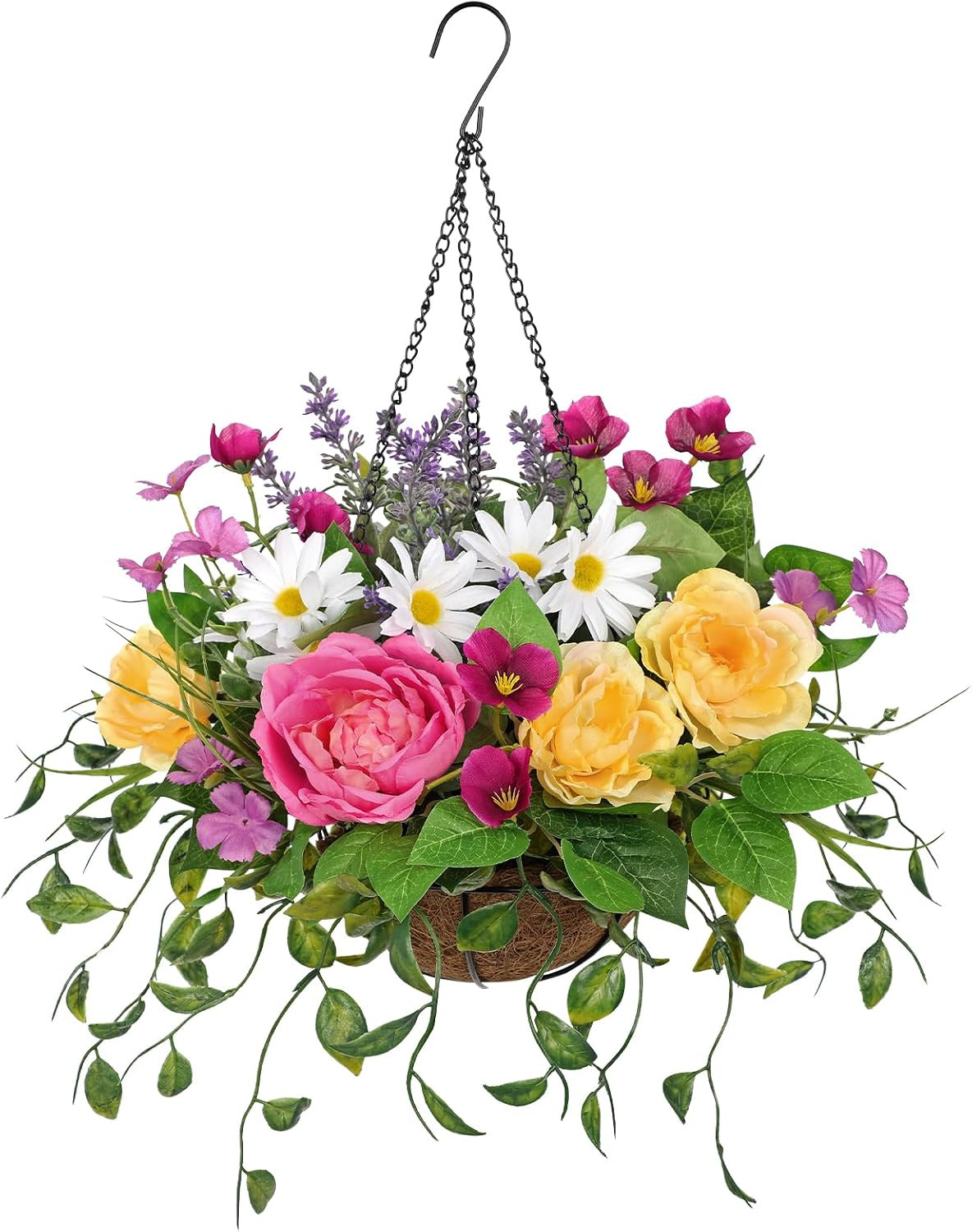 Faux Silk Flower Basket with Roses & Daisies for Outdoor Spring Decor