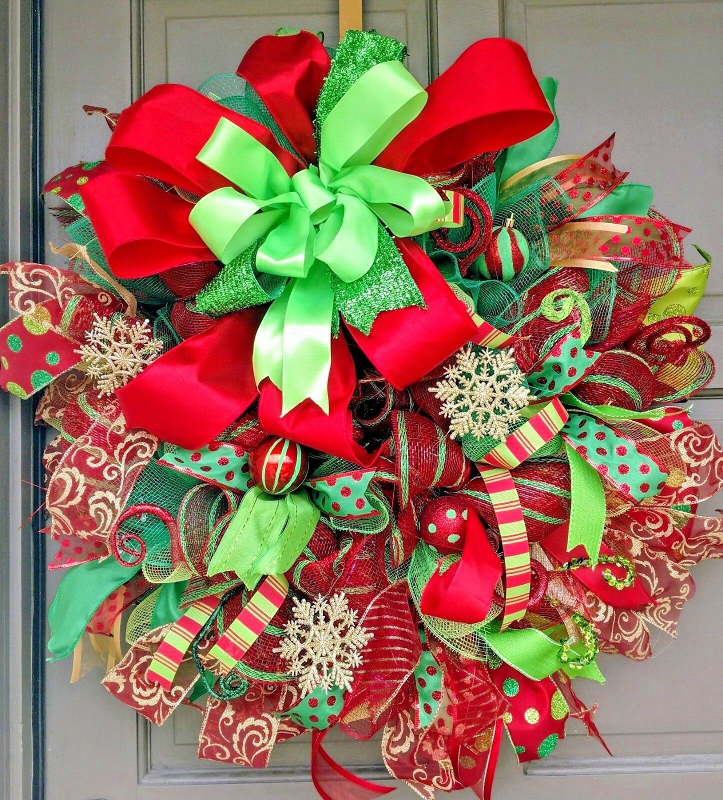 Handmade Christmas Front Door Wreath Large 24″ Deco Mesh Gold Snowflake Decor