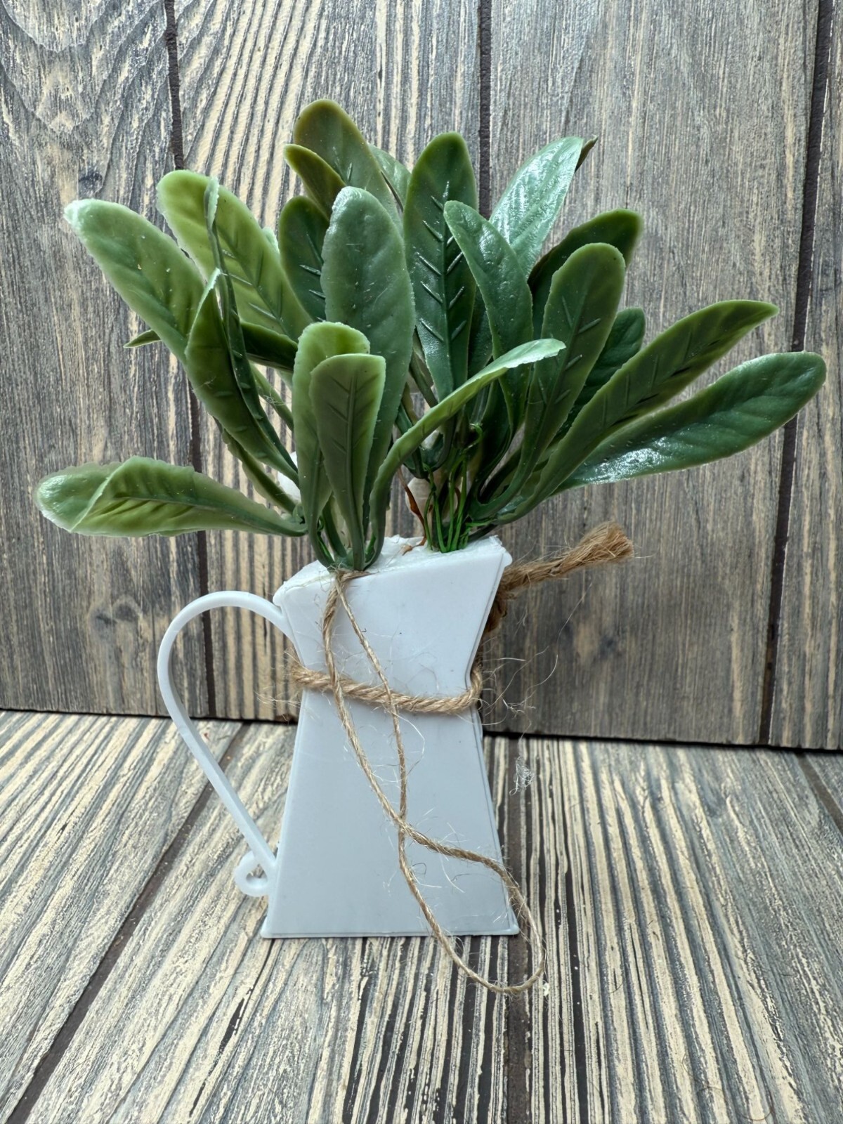 Christmas Faux Plant In 6″ White Metal Pitcher W/ Twine Accent By Old East Main