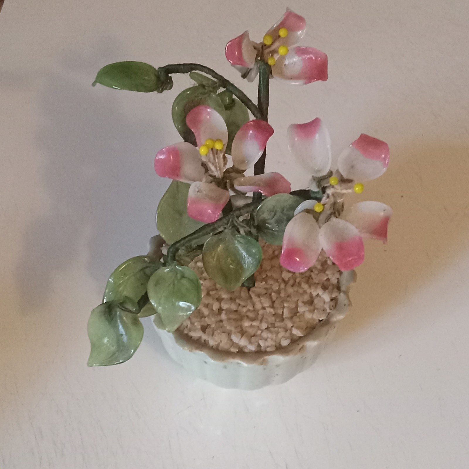 Vintage Chinese Rose Art Glass Flower Bonsai Tree With Glass Pedals