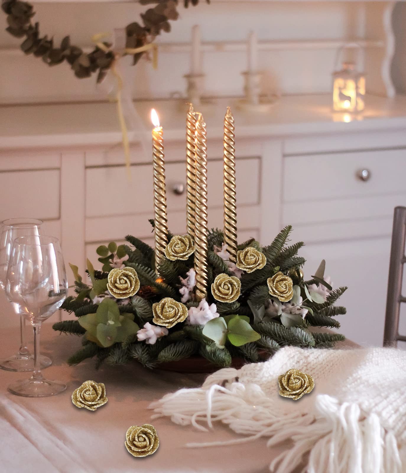 Gold Roses,72pcs Mini Roses 1.37in Glitter Roses Gold Flowers with Stems for …