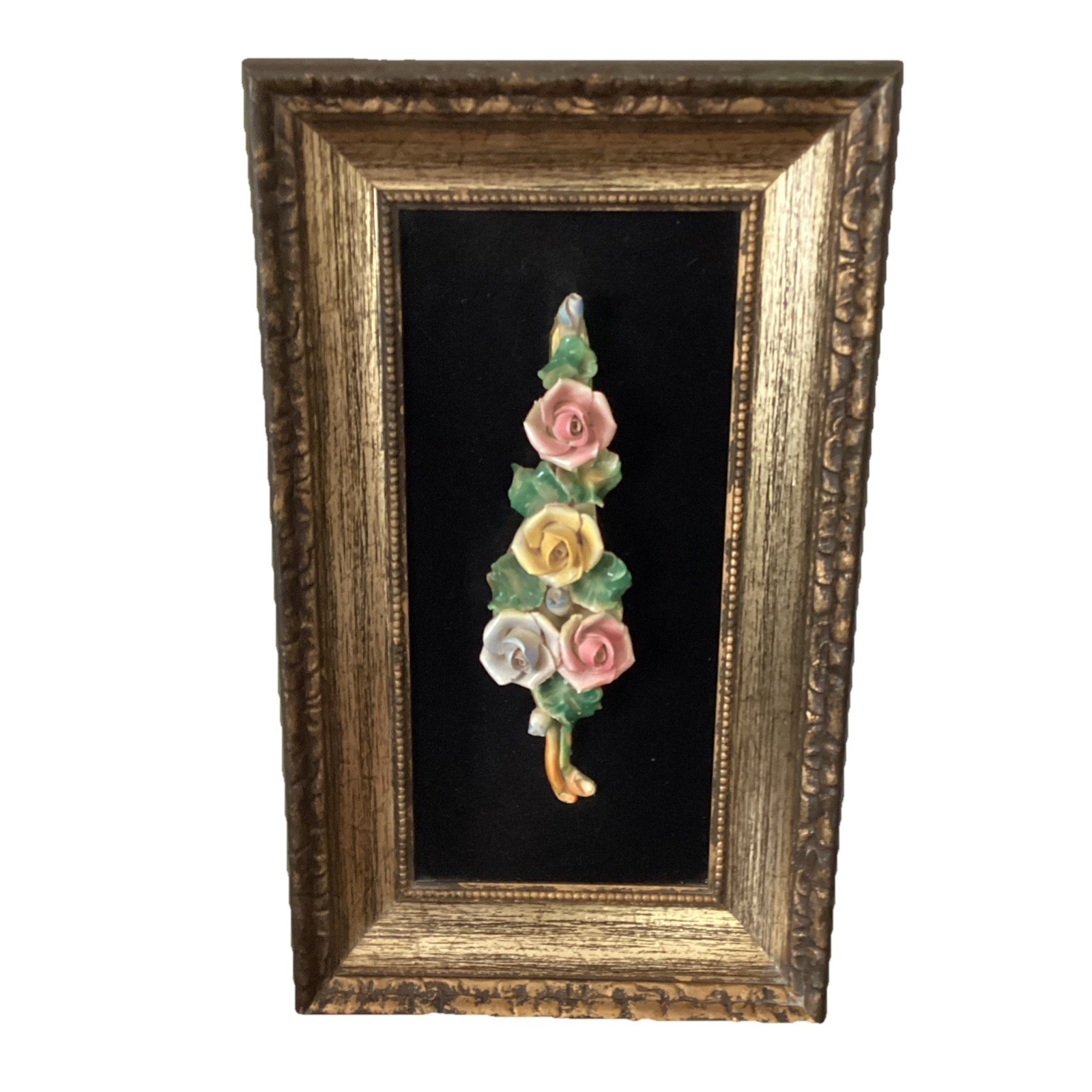 Vintage Capodimonte Italian Porcelain Rose Ornate 3D Framed MCM Art
