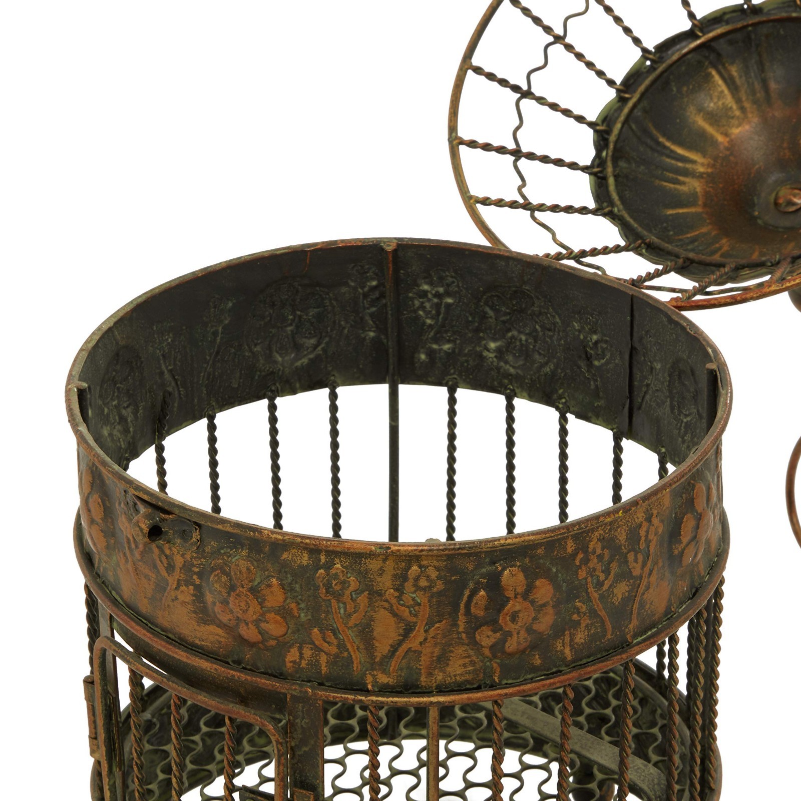 Antique Metal Floral Birdcage Set of 2 – Twisted Rod, Latch Closure, Hanging Hoo