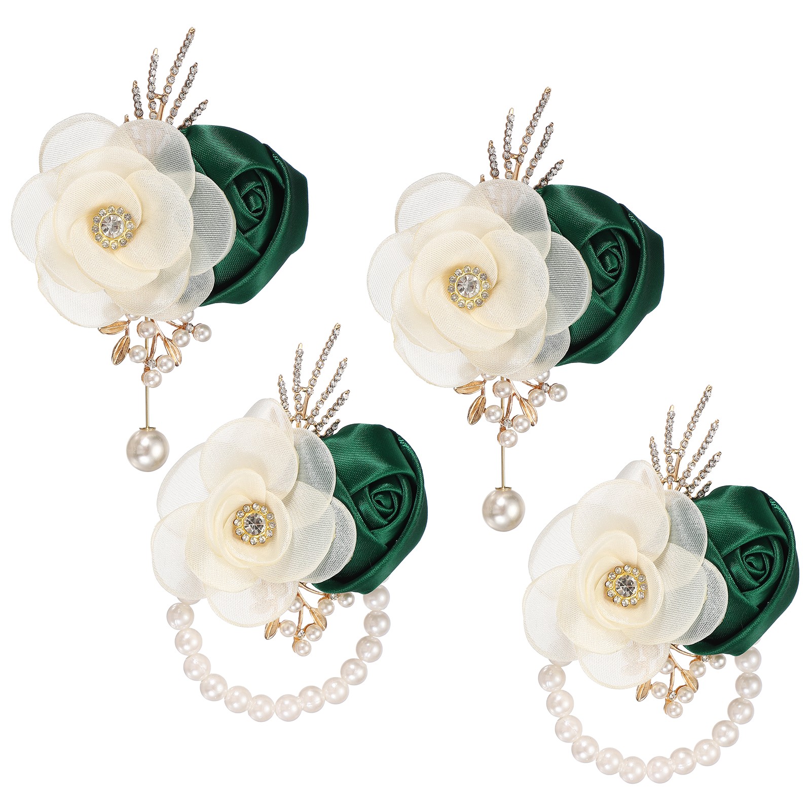 2 Sets Wrist Corsage and Boutonnieres Set for Wedding Groom Bride, Dark Green