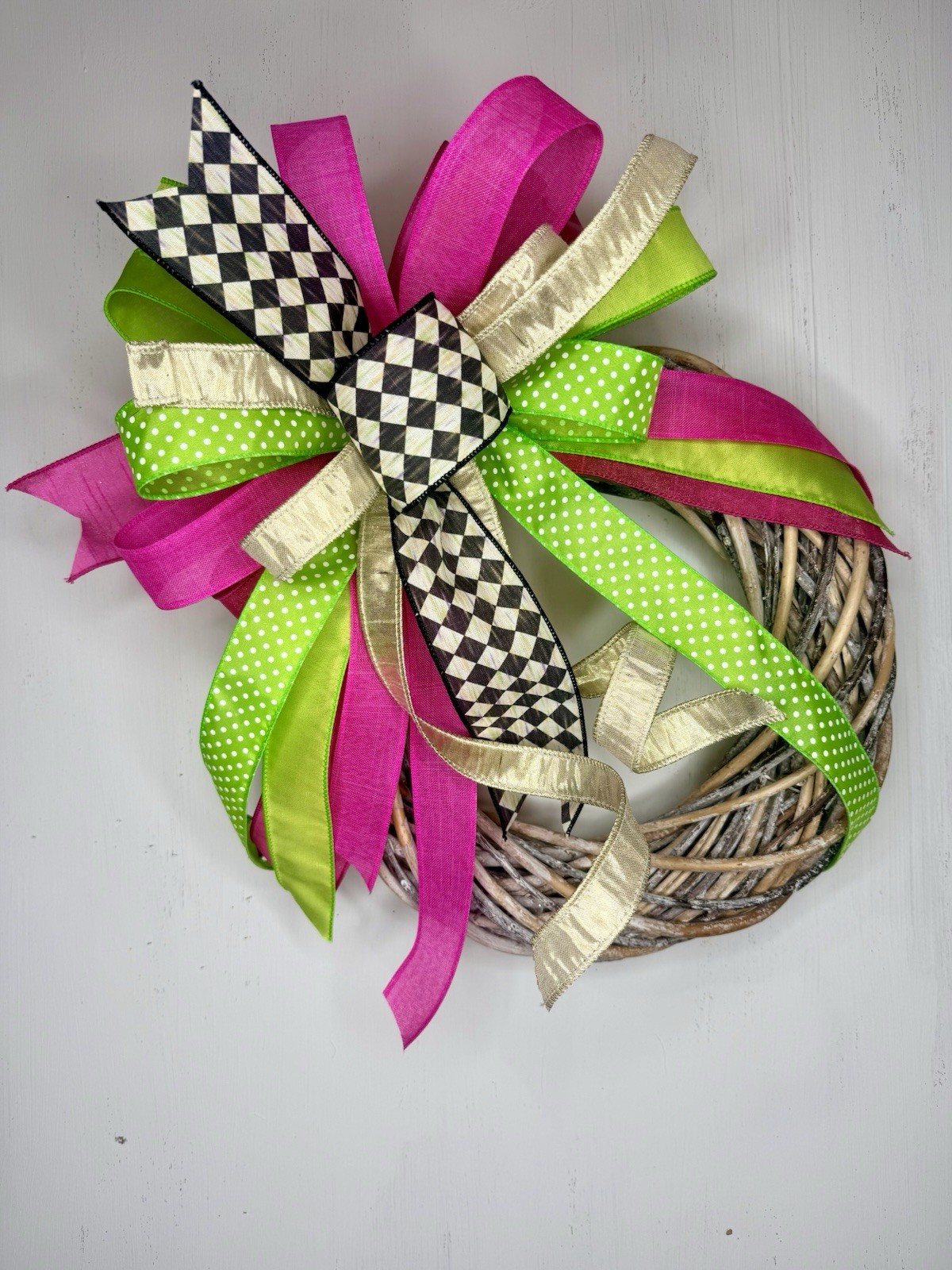 Easter Bow, Spring Bow, Harliquin Ribbon Wreath Decor