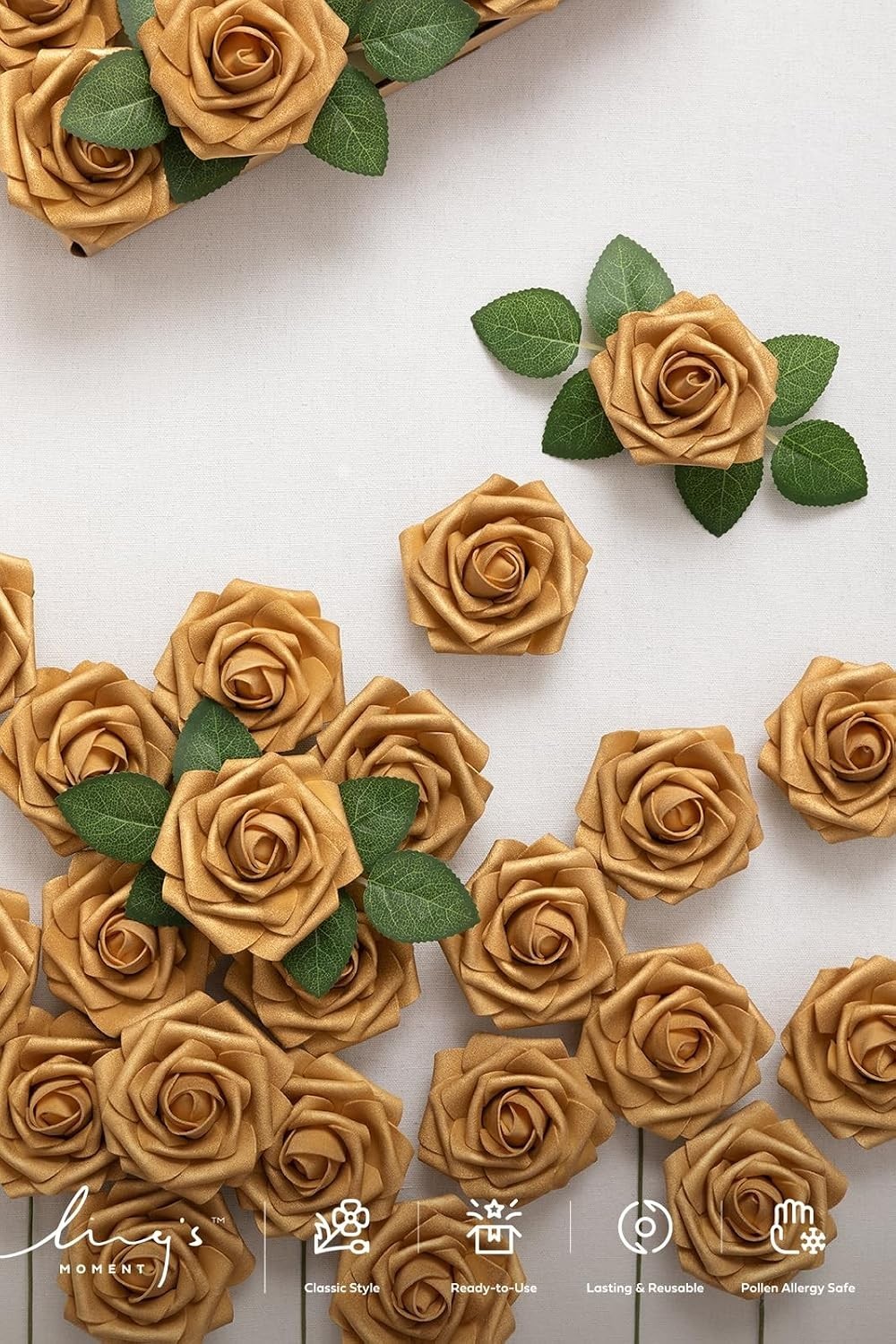25 Floral Foam Gold Roses – UV Resistant 3″ Artificial Flowers for All Occasions