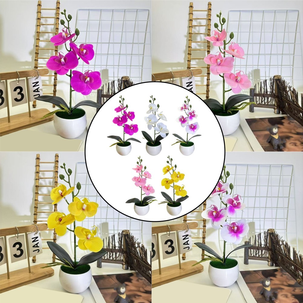 Faux Orchid Four Flower Bonsai in Small Round Belly Pot for Home Office