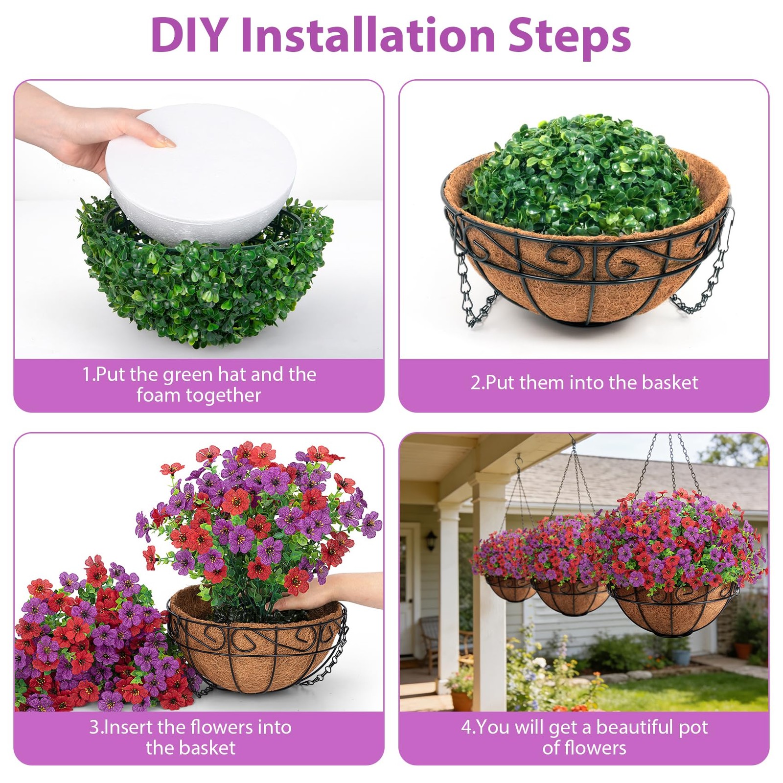 Artificial Fake Hanging Flowers Plants Basket Outdoors, Faux Silk UV Resistan…