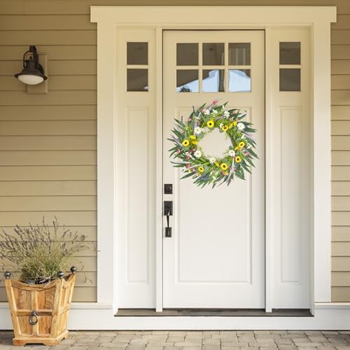 20″ Artificial Summer Wreath for Front Door – Sunflower Daisy Yellow – 20in