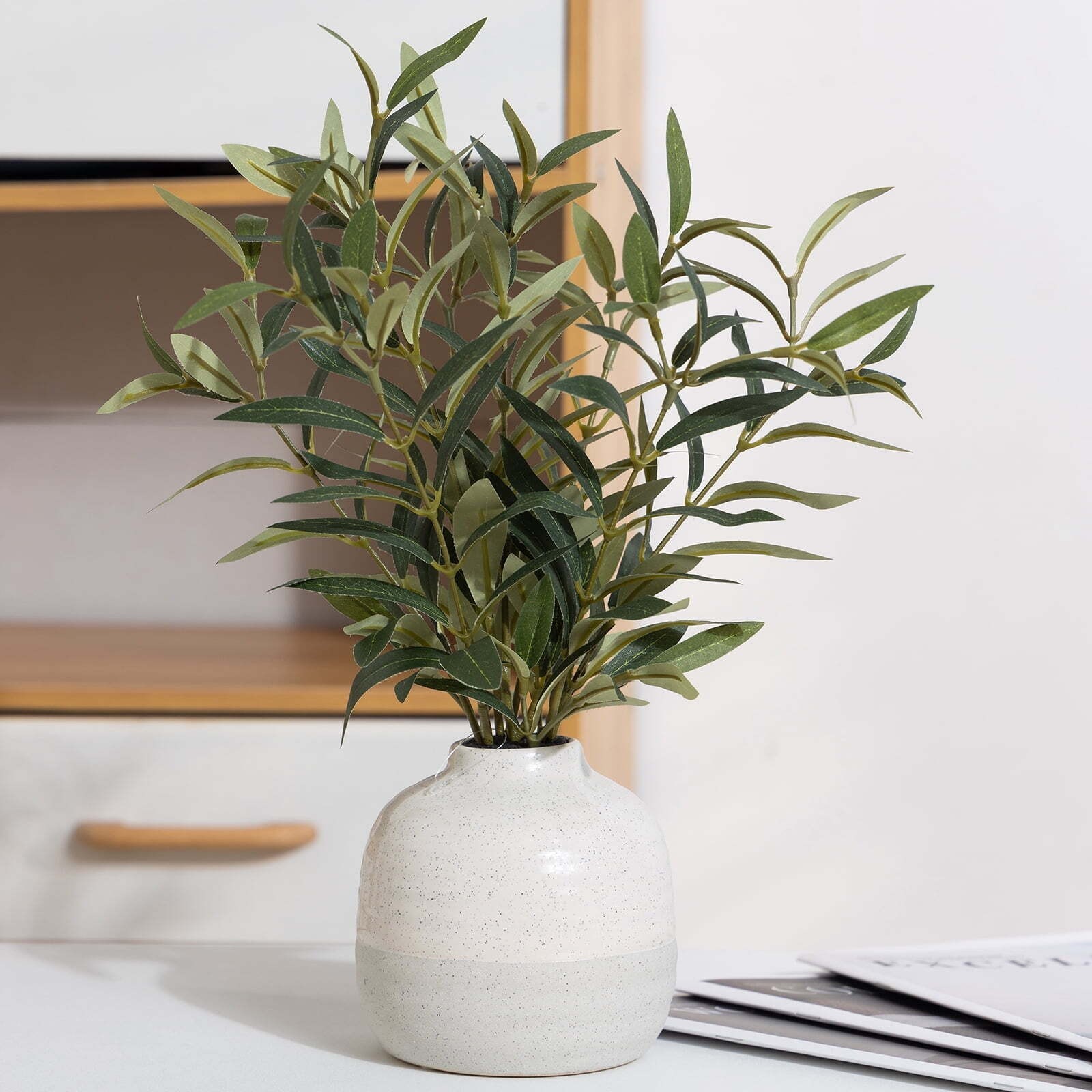 14in Indoor Artificial Olive Plant 2-Tone Ceramic Vase for Desktops Home Office