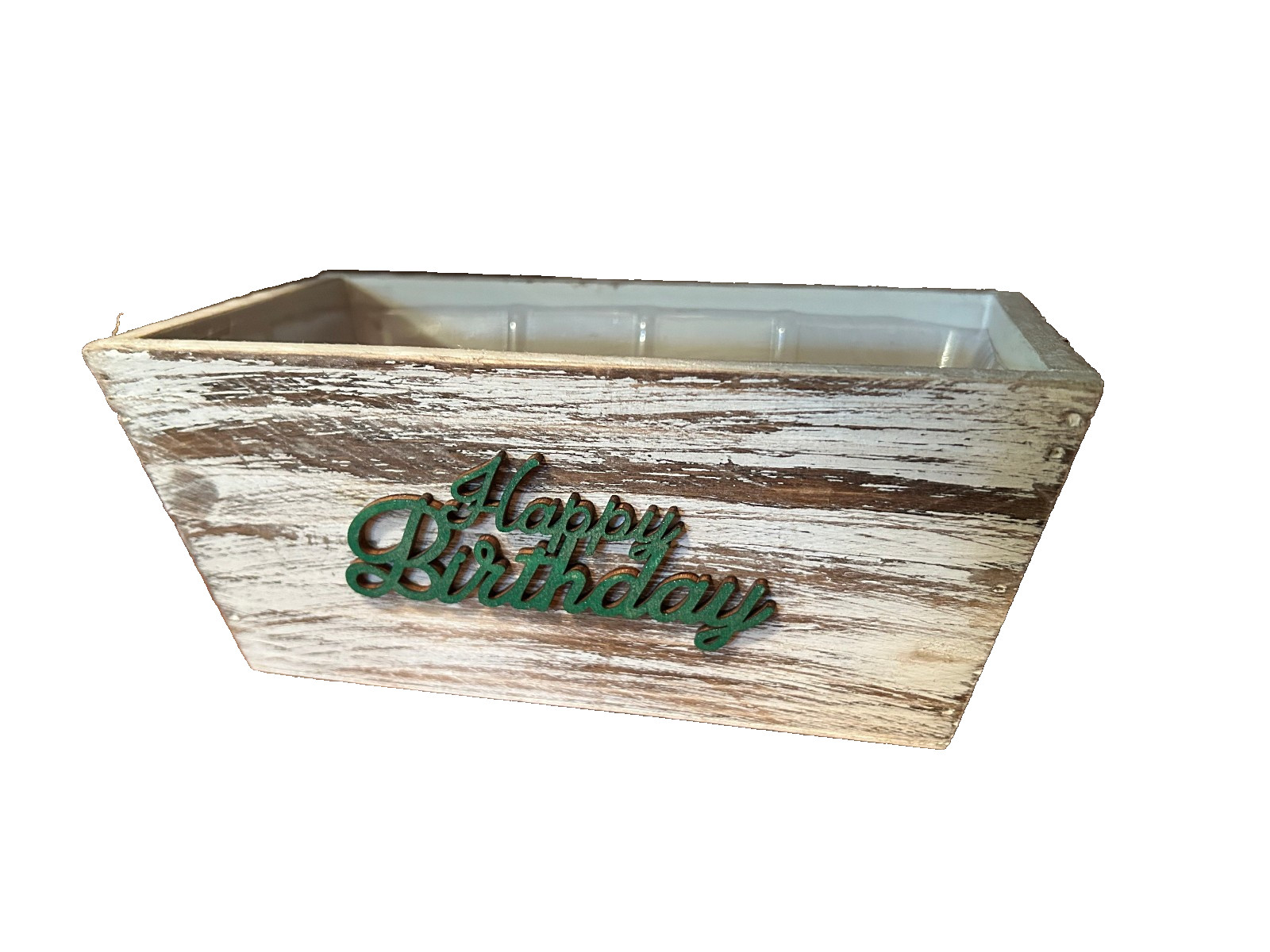 Happy BDay White Washed Wood Planter Box W/Plastic Liner 8″ x 4″ x 4″ no Plants
