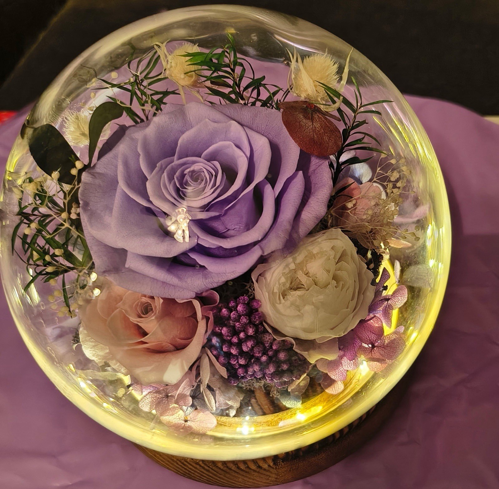 Artificial Rose Floral Arrangement Glass Dome with LED Lights, Purple White