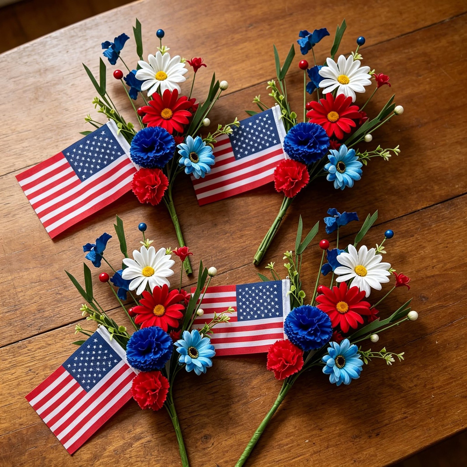 4 Pack 4th of July Picks Patriotic Artificial Red White Blue Daisy Flowers wi…