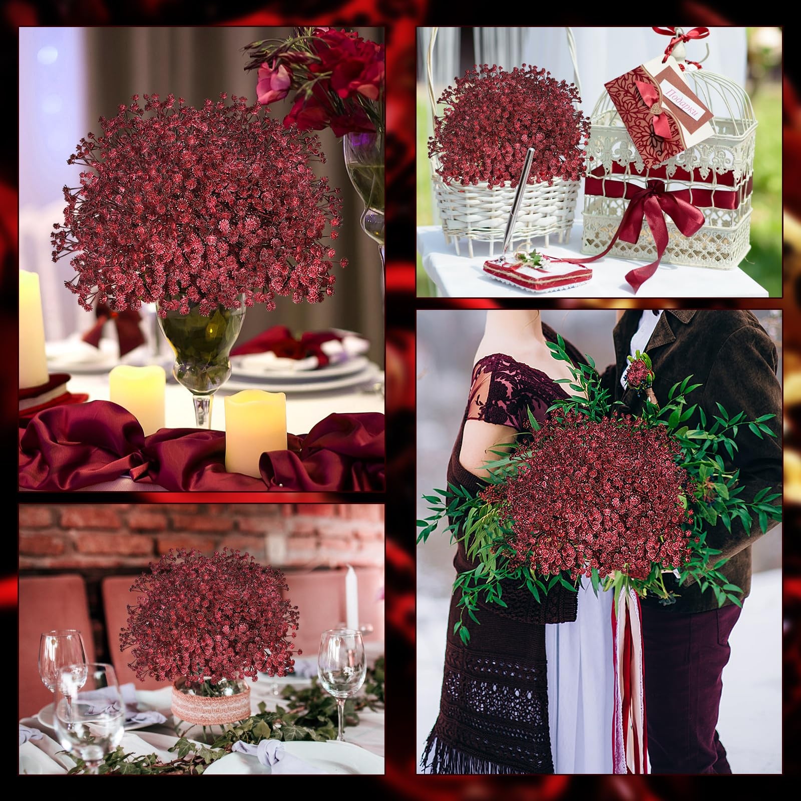 Baby’s Breath Artificial Flowers, Maroon/Burgundy, 18pcs