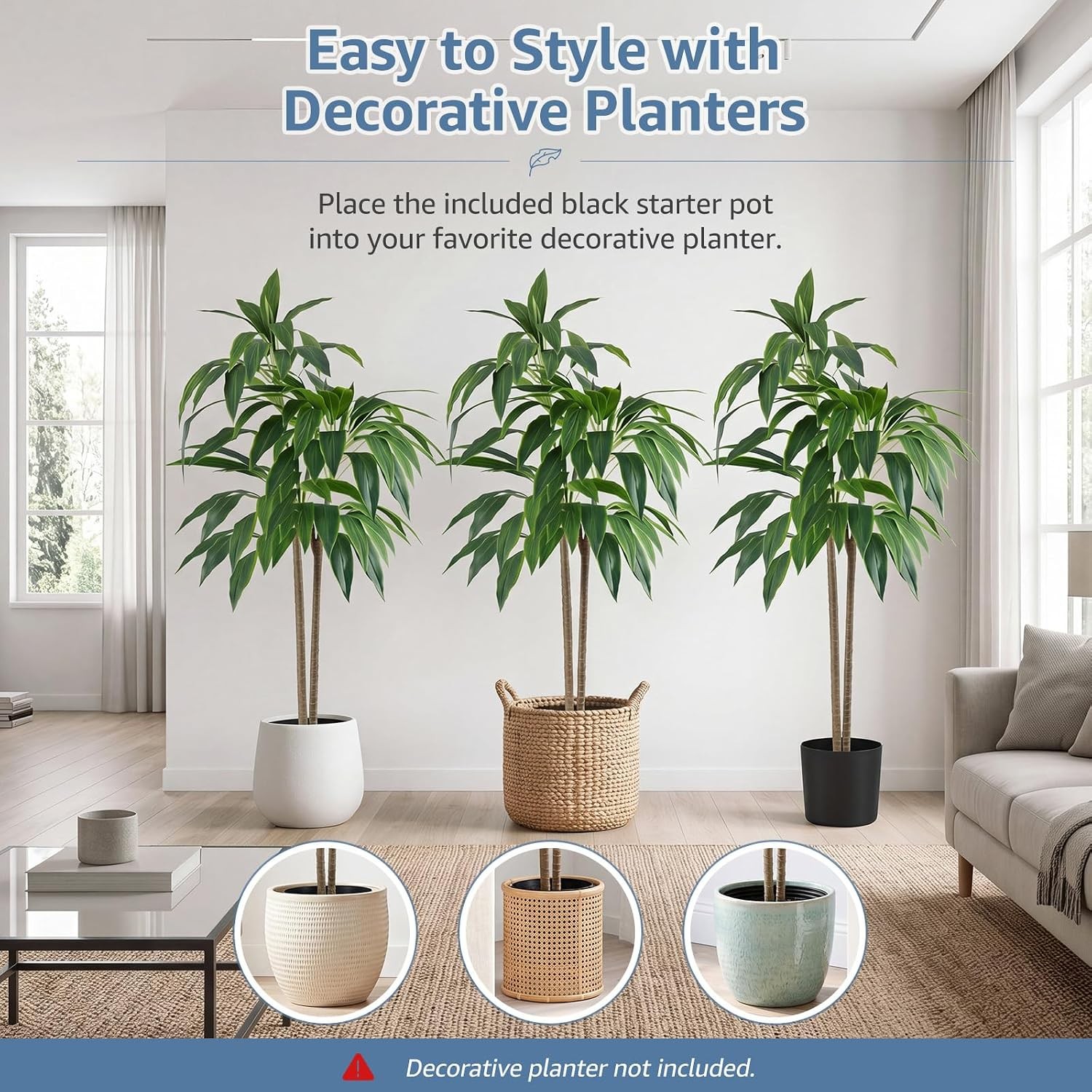 Artificial Realistic Faux Floor Plant with Lifelike Leaves in Black Planter Pot