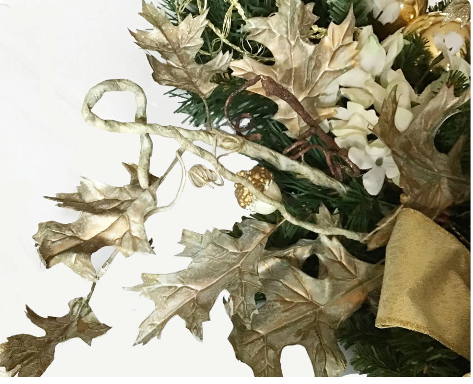 Holiday Swag with white silk Magnolias Hydrengeas Silver Glass Bubbles Gold
