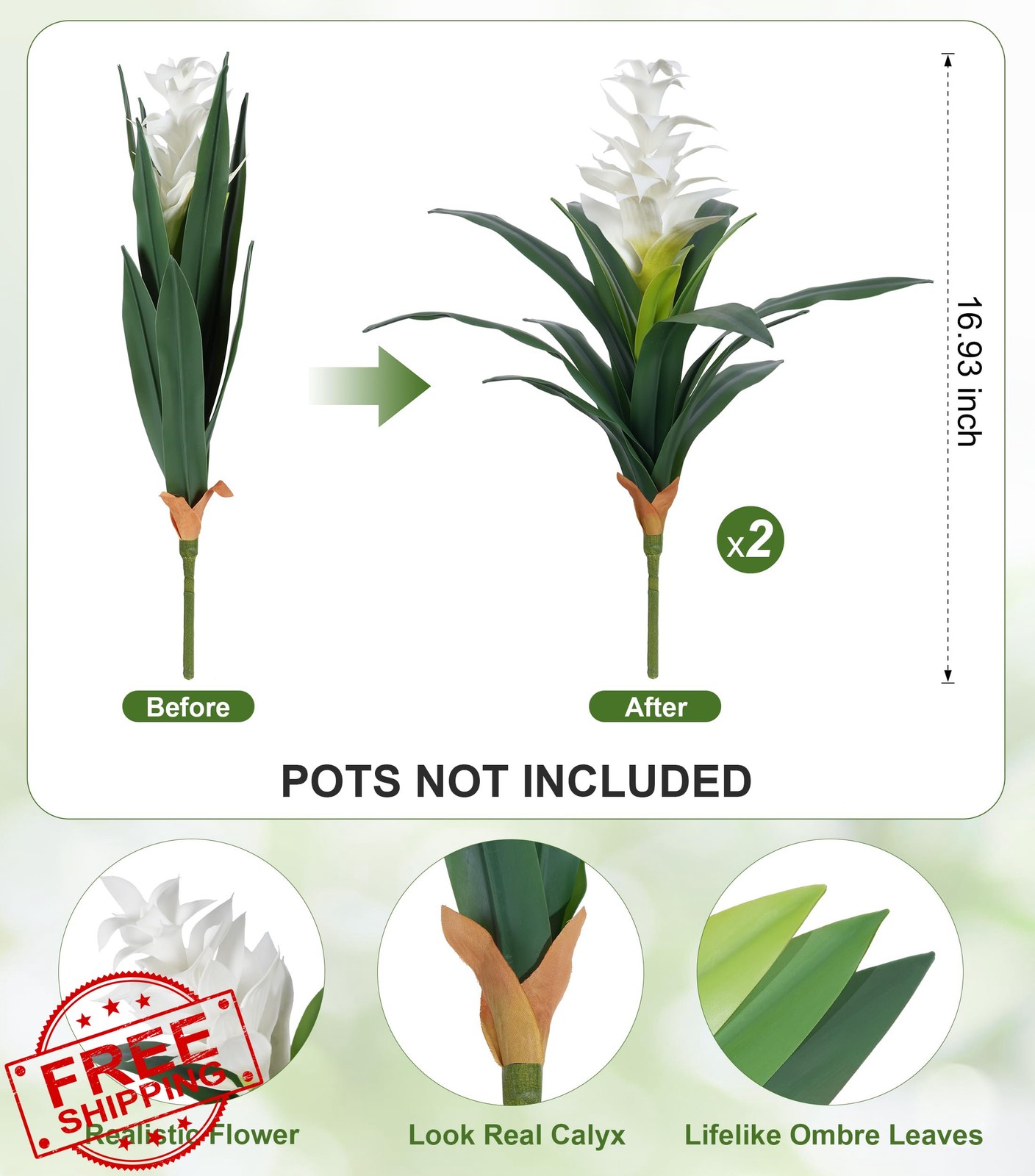 Ivydale Fake Flowers Bromeliad White 16.93″ 2 Pcs