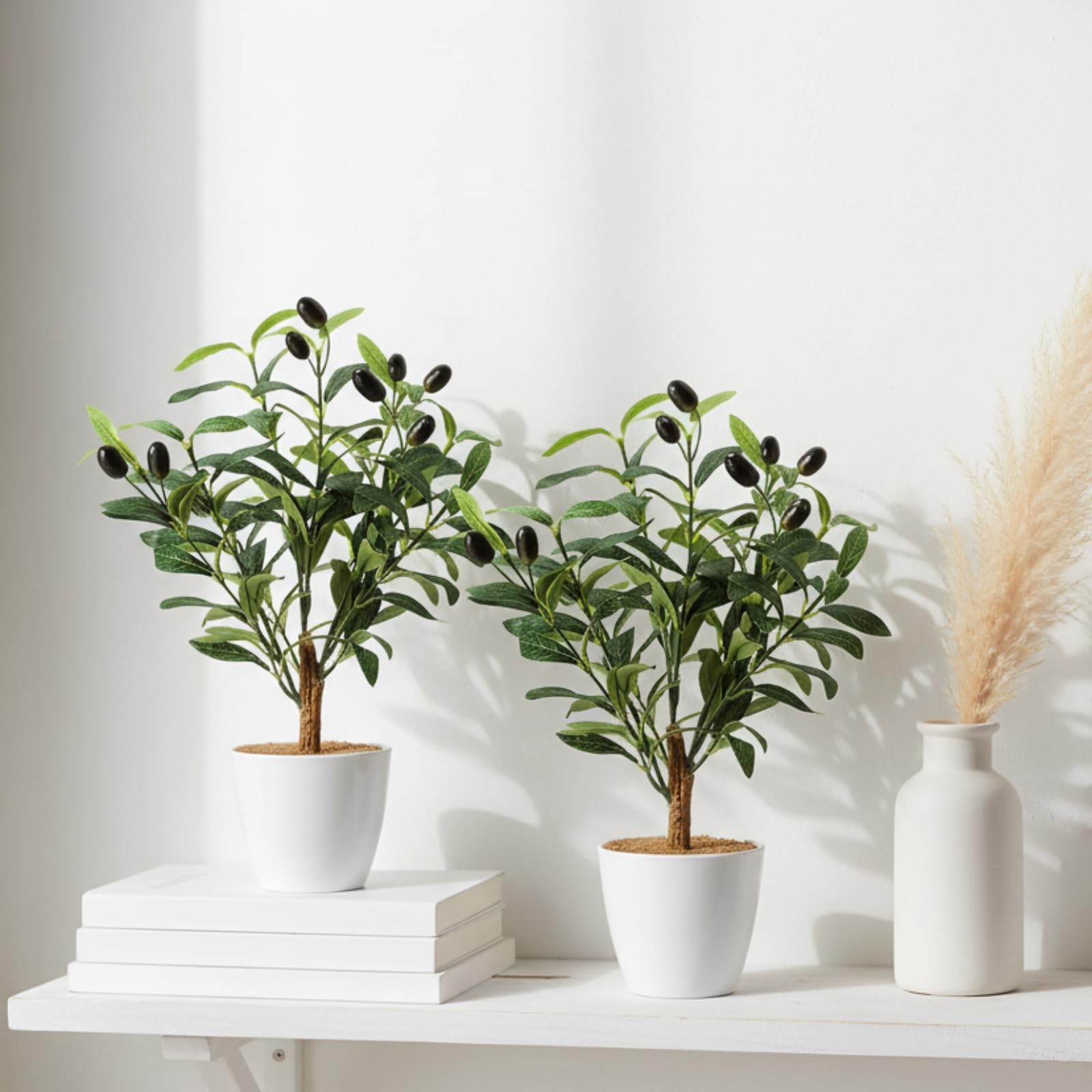 2 PCS 15.8 Inch Small Artificial Olive Tree Faux Plant White Pot 40cm