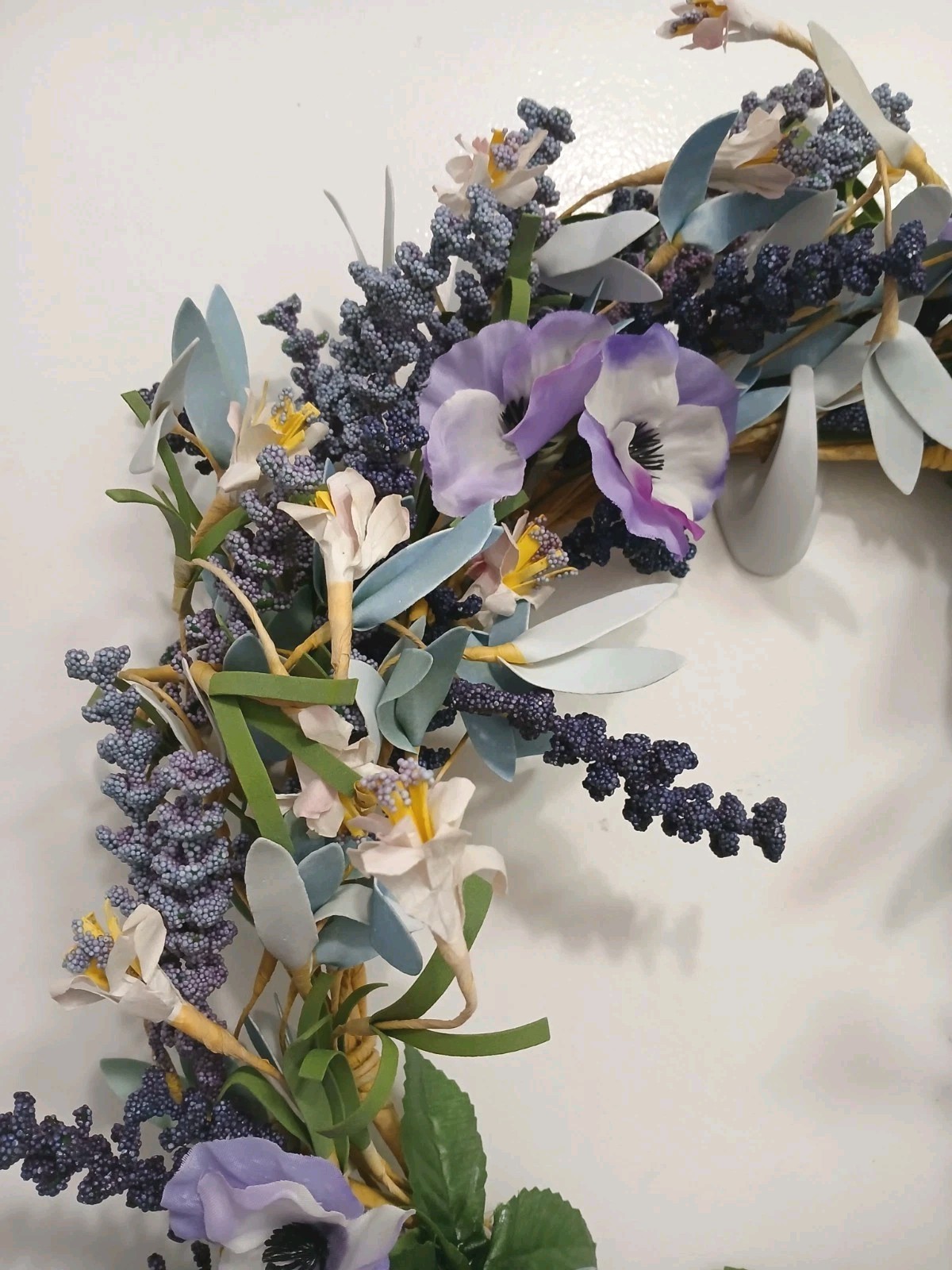 Spring Lavender Door Wreath 16″ Purple Flowers Morning Glory Grannycore Boho Vtg