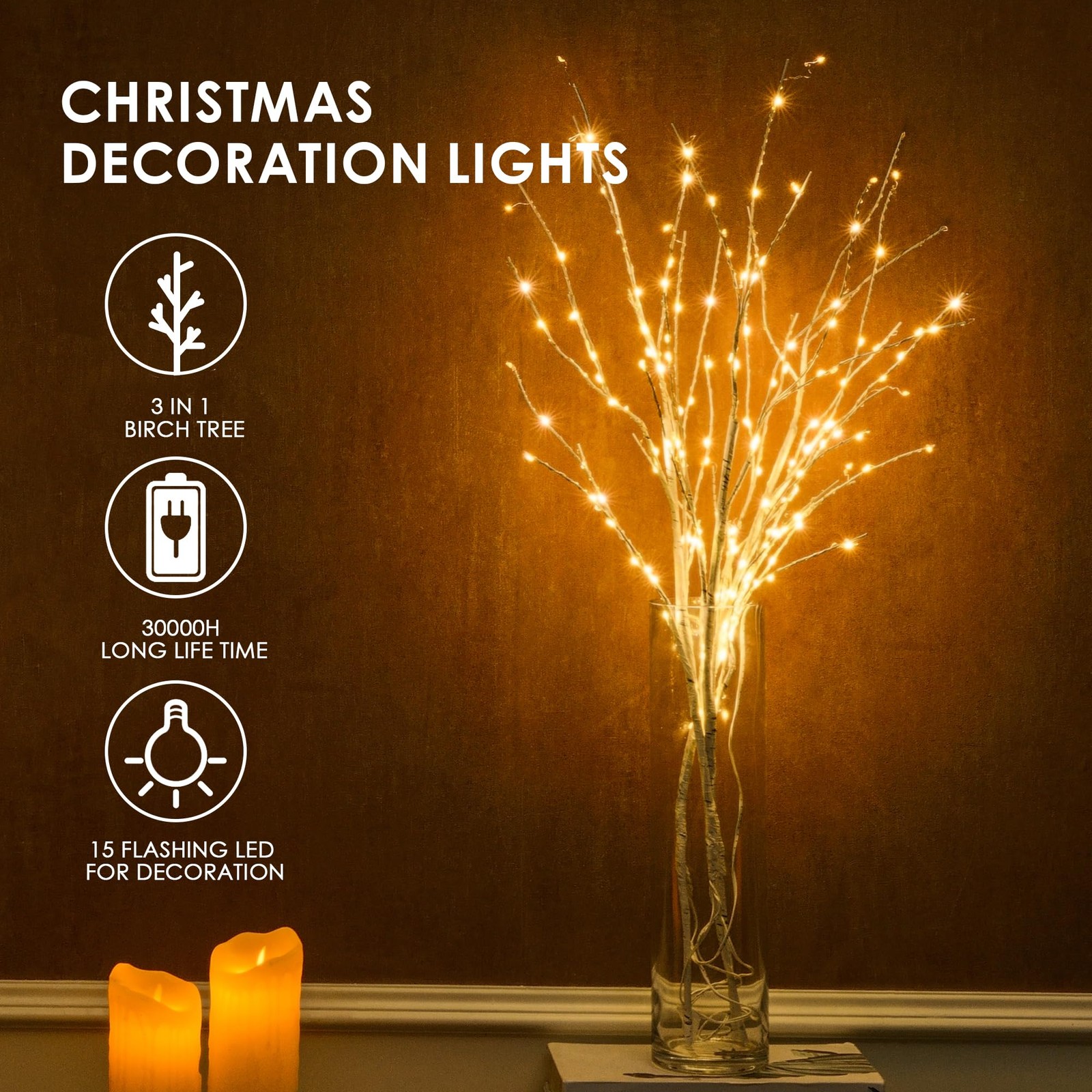 Lighted White Birch Branches, 33IN 180LED, Timer, Plug in, Artificial Twig