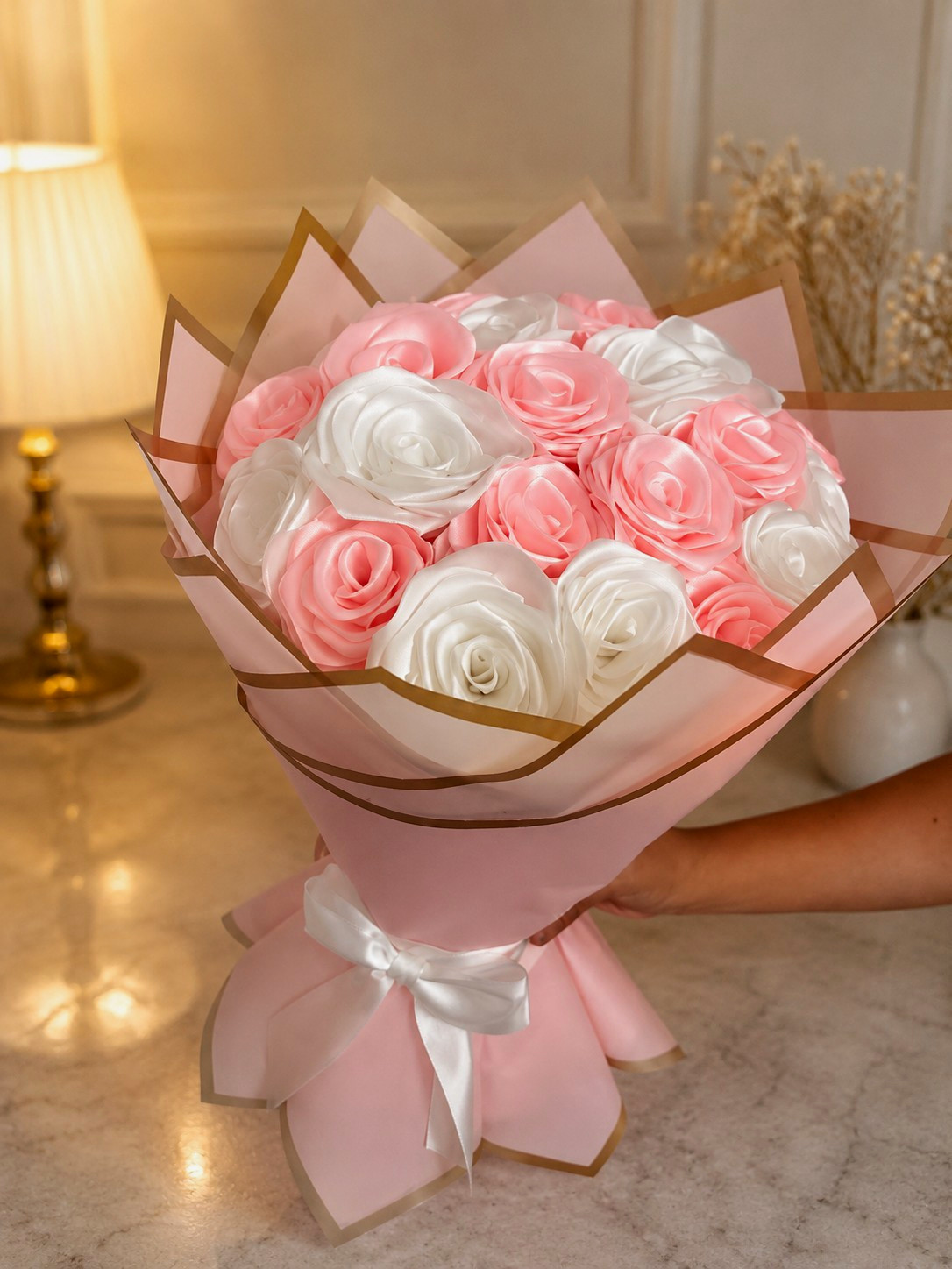 24 Handmade Satin Ribbon Roses Bouquet Forever Flowers Gift for Her Pink & White