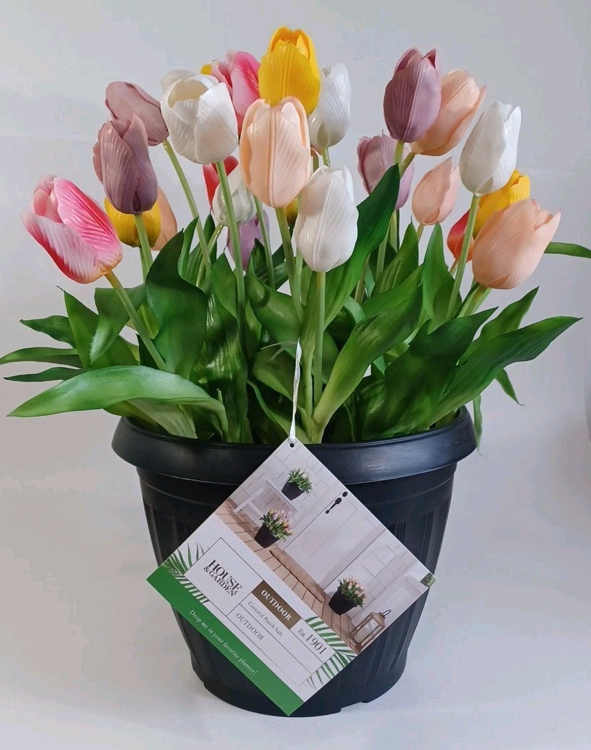 House & Garden Large Potted Faux Tulips, Just Drop In Your Favorite Planter,…