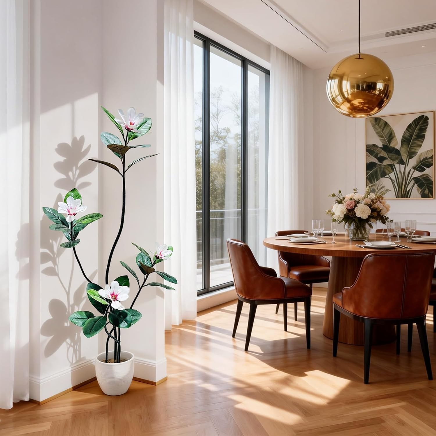 150cm Artificial Magnolia Tree, Lifelike Faux Rubber Plant with Magnolia Flowers