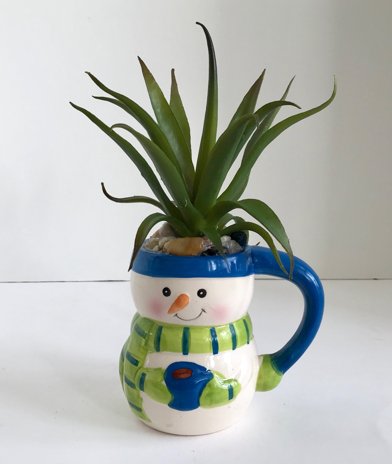 Snowman with Blue Hat Ceramic Holiday Mug with Large Green Grass Succulent