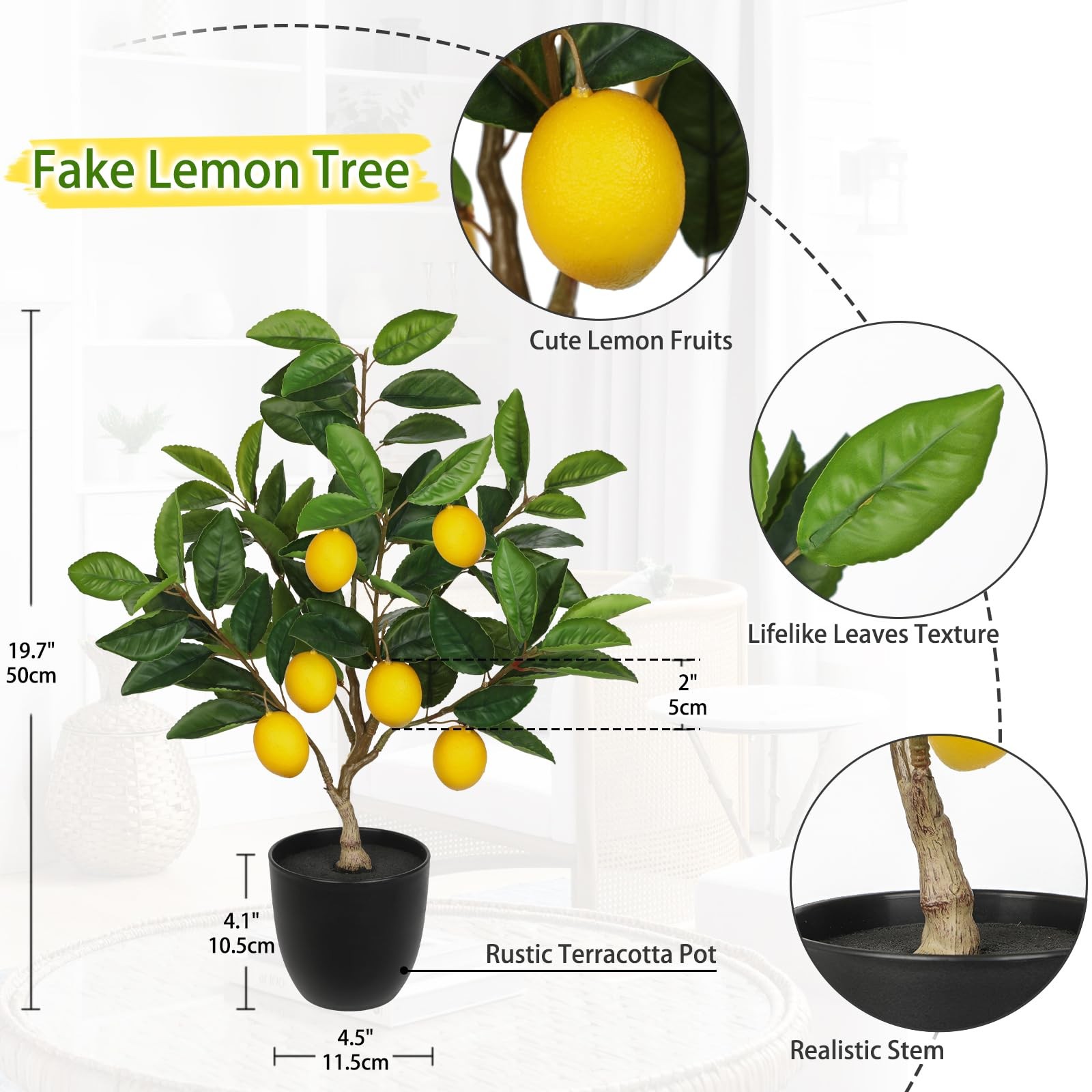 Artificial Potted Lemon Tree Fake Citrus Plant 19.7 Inches Black Pot