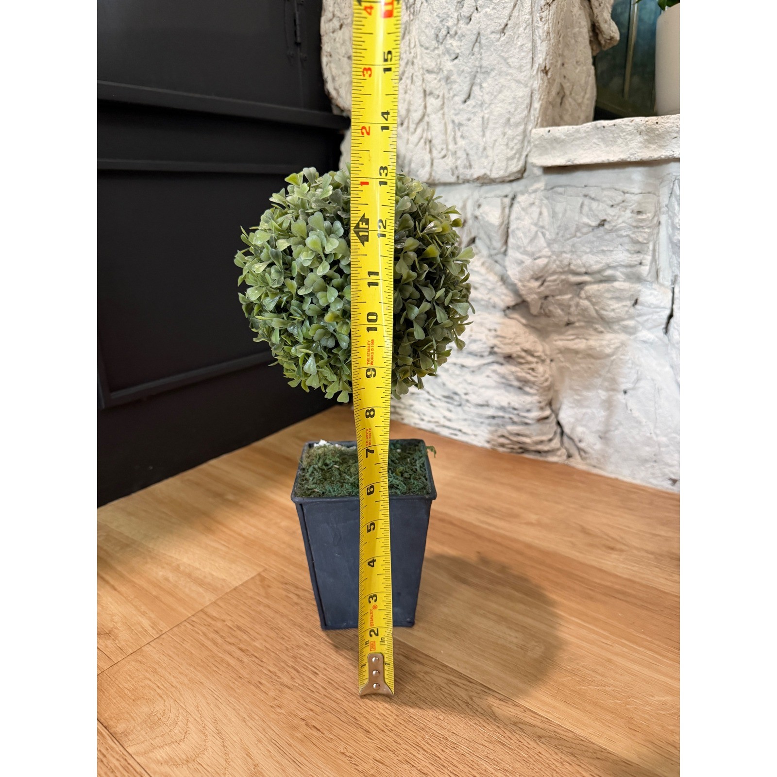 Faux Boxwood Topiary Ball Tree in Black Square Pot Artificial Potted Plant 13in