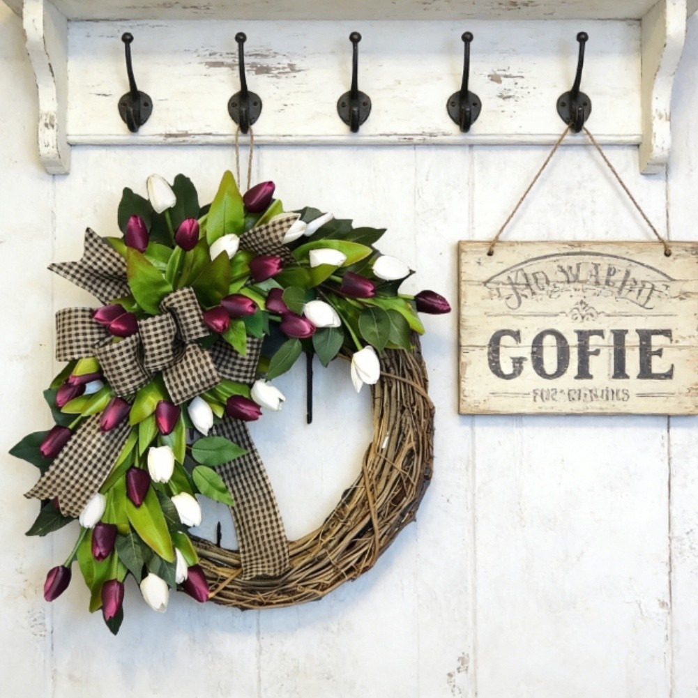 Natural Rattan Spring Tulip Wreath for Door Wall Decor Purple Silk Floral 35cm