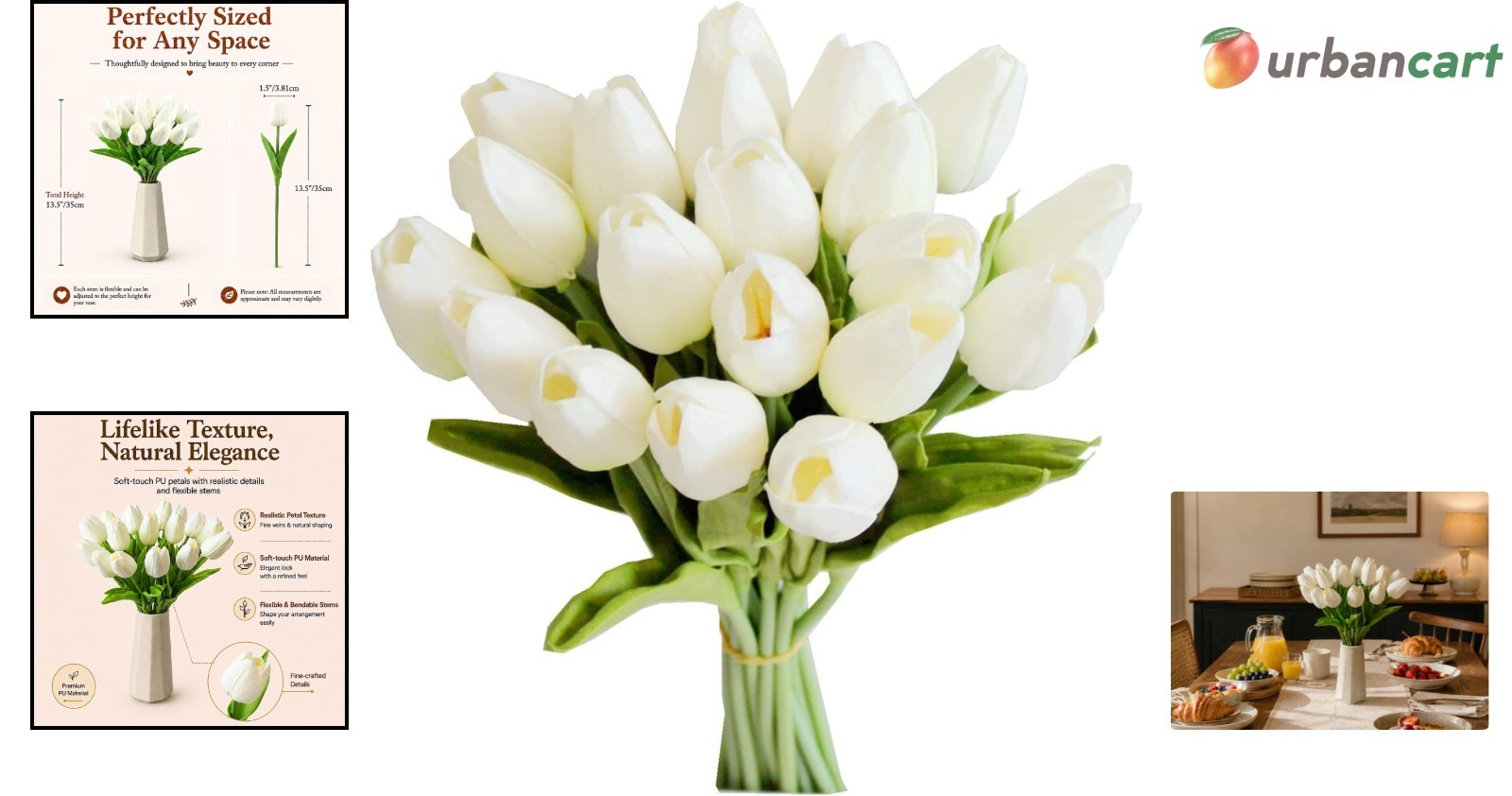 20pcs Artificial White Tulips – Elegant Faux Floral Arrangement for Home & Ev…