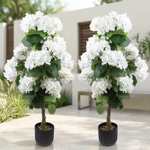 Pcs 3 Ft Artificial Hydrangea Trees Potted, UV Resistant Faux Silk 2 White
