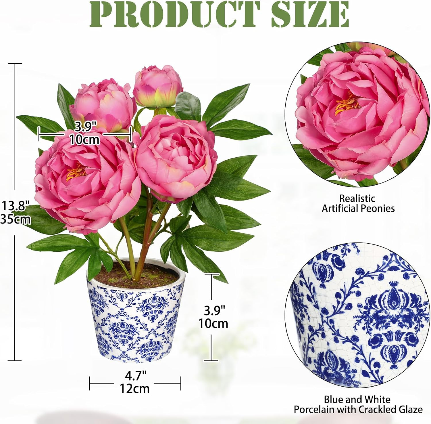 Realistic Faux Peony Flowers in Blue & White Pot – 13.8″ Home Decor